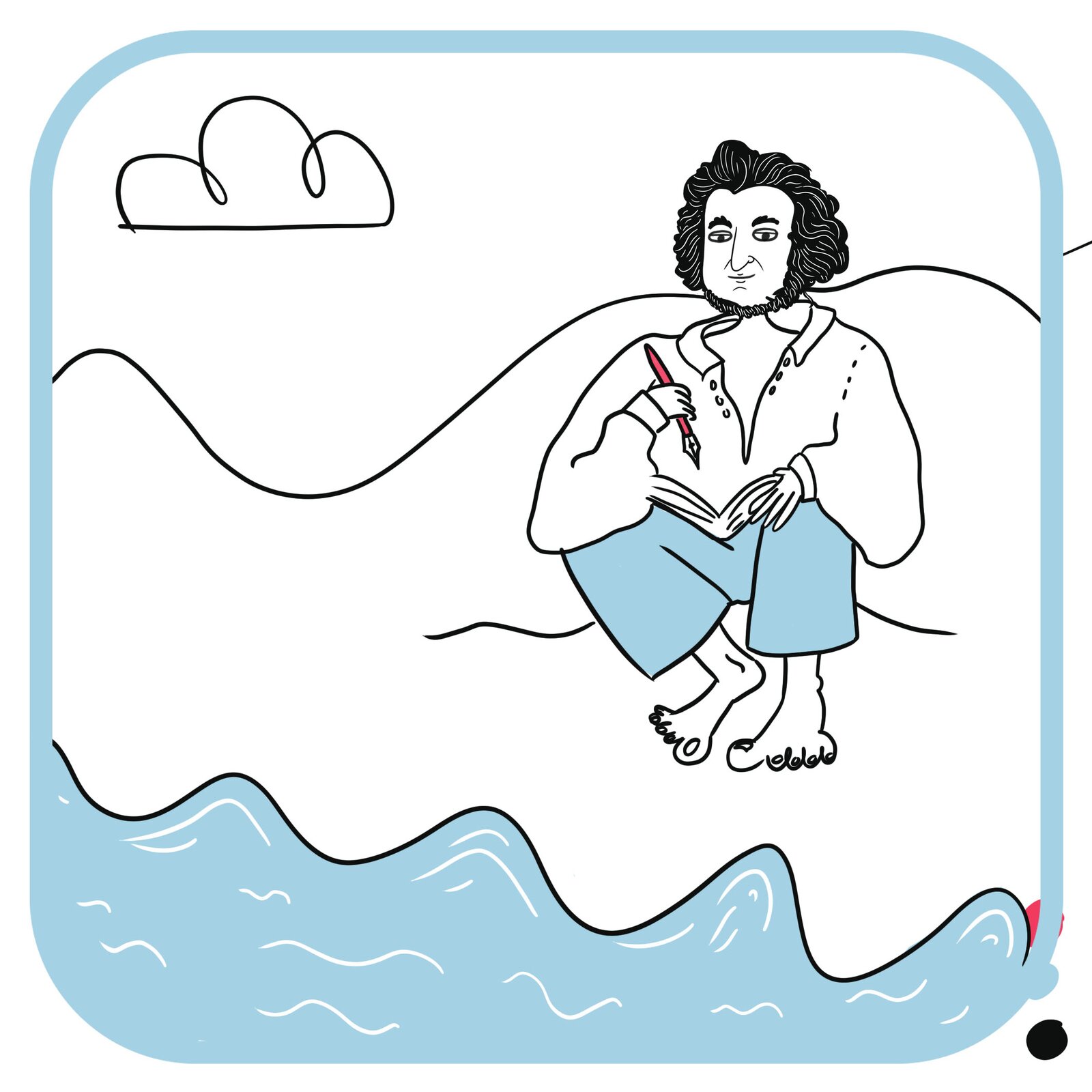 Adam Mickiewicz siedzi nad rzeką. Ma na sobie białą koszulę i błękitne spodnie. W rękach trzyma pióro i kartki. Nad nim widać niebo z białym obłokiem.