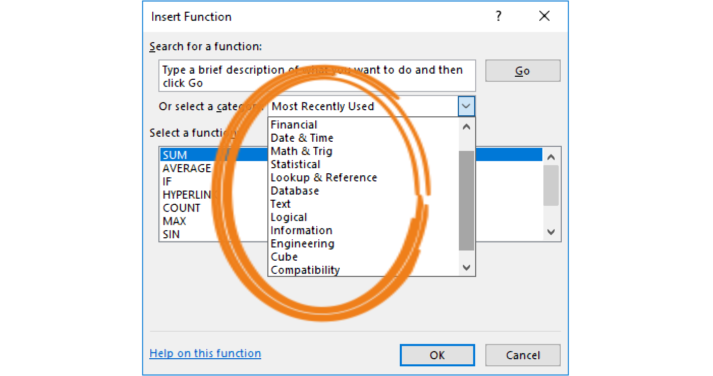 Zrzut ekranu przedstawia formatkę służącą do wstawiania funkcji w arkuszu kalkulacyjnym Insert Function. Zaznaczone są kategorie funkcji: Most Recently Used, Financial, Date &amp; Time, Math &amp; Trig, Statistical, Lookup &amp; Reference, Database, Text, logical, Information, Engineering, Cube, Compatibility.
