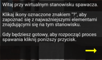 Na ilustracji przedstawione jest przykładowe pole tekstowe, które przedstawia biały tekst w czarnej ramce. W prawym dolnym rogu znajduję się strzałka wskazująca w prawo. 