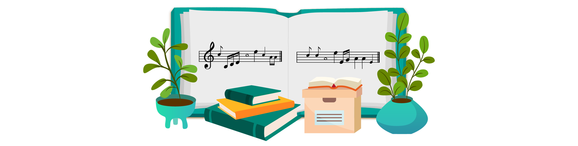 Ilustracja przedstawia rozłożony zeszyt w turkusowej okładce. Znajduje się w nim zapis nutowy. Na każdej z widocznych dwóch stron jest jedna pięciolinia z nutami. Przed zeszytem znajdują się różne przedmioty. Od lewej są to: zielona roślina w turkusowej doniczce, trzy książki ułożone jedna na drugiej, beżowe pudełko z pokrywką, na którym leży otwarta książka, oraz jeszcze jedna zielona roślina w turkusowej doniczce.