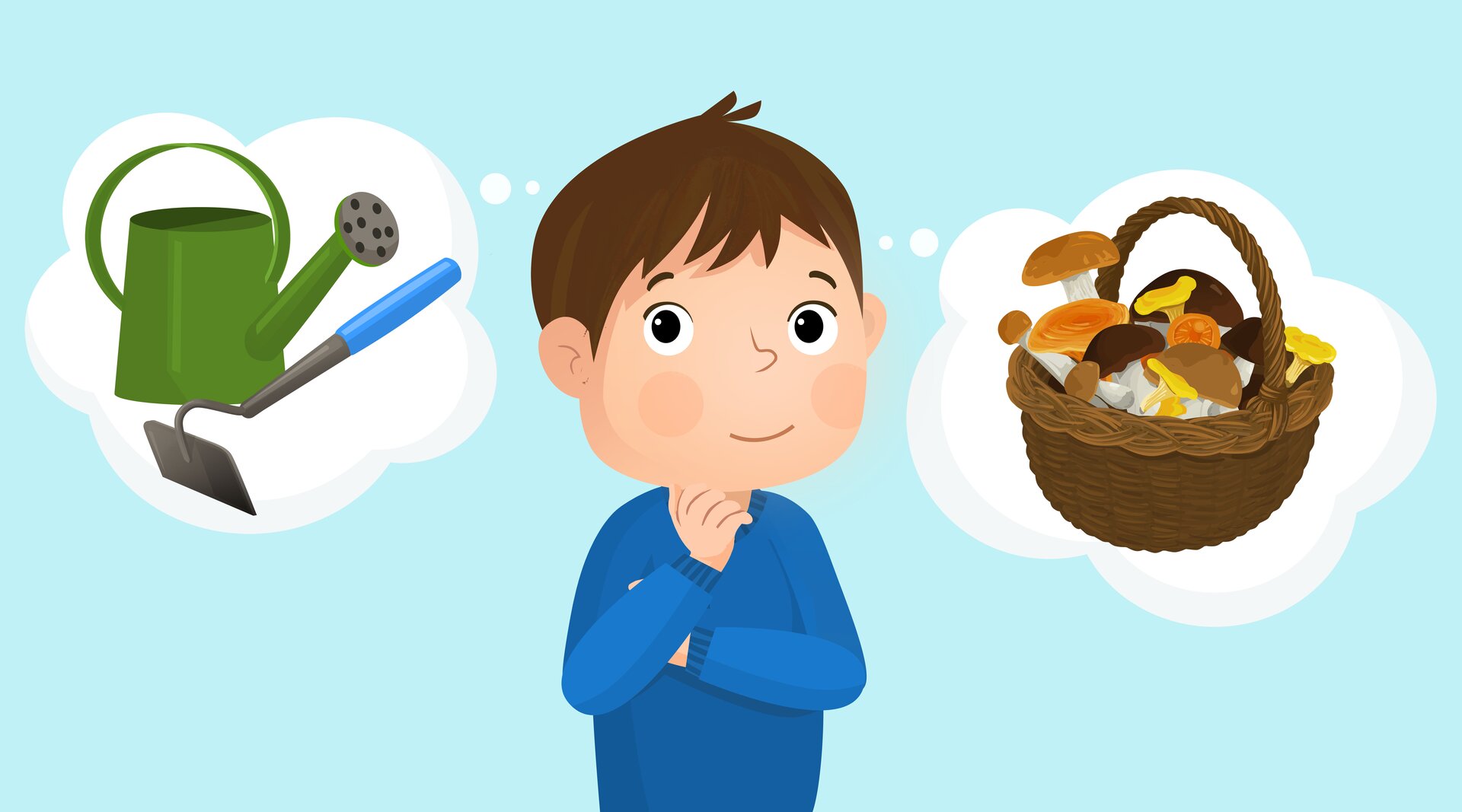 Ilustracja przedstawia chłopca. Obok znajdują się koszyk z grzybami oraz narzędzia ogrodnicze.