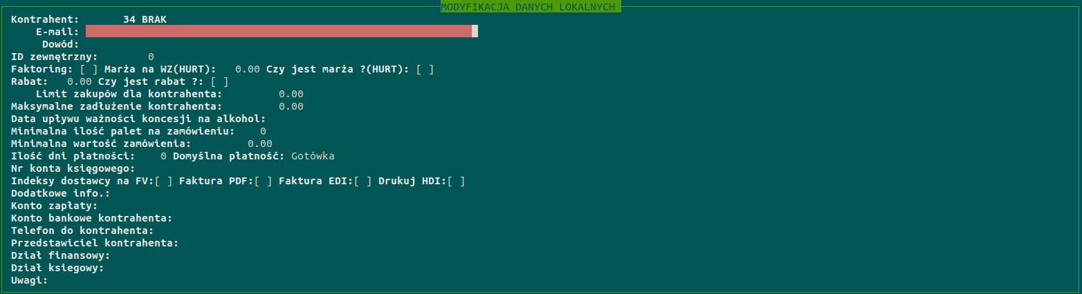 Ilustracja przedstawia zrzut ekranu na okno dotyczące modyfikacji danych lokalnych. Zawiera miedzy innymi informacje typu: kontrahent, e‑mail, ID zewnętrzny, limit zakupów dla kontrahenta, maksymalne zadłużenie kontrahenta, konto, telefon do kontrahenta i inne. 