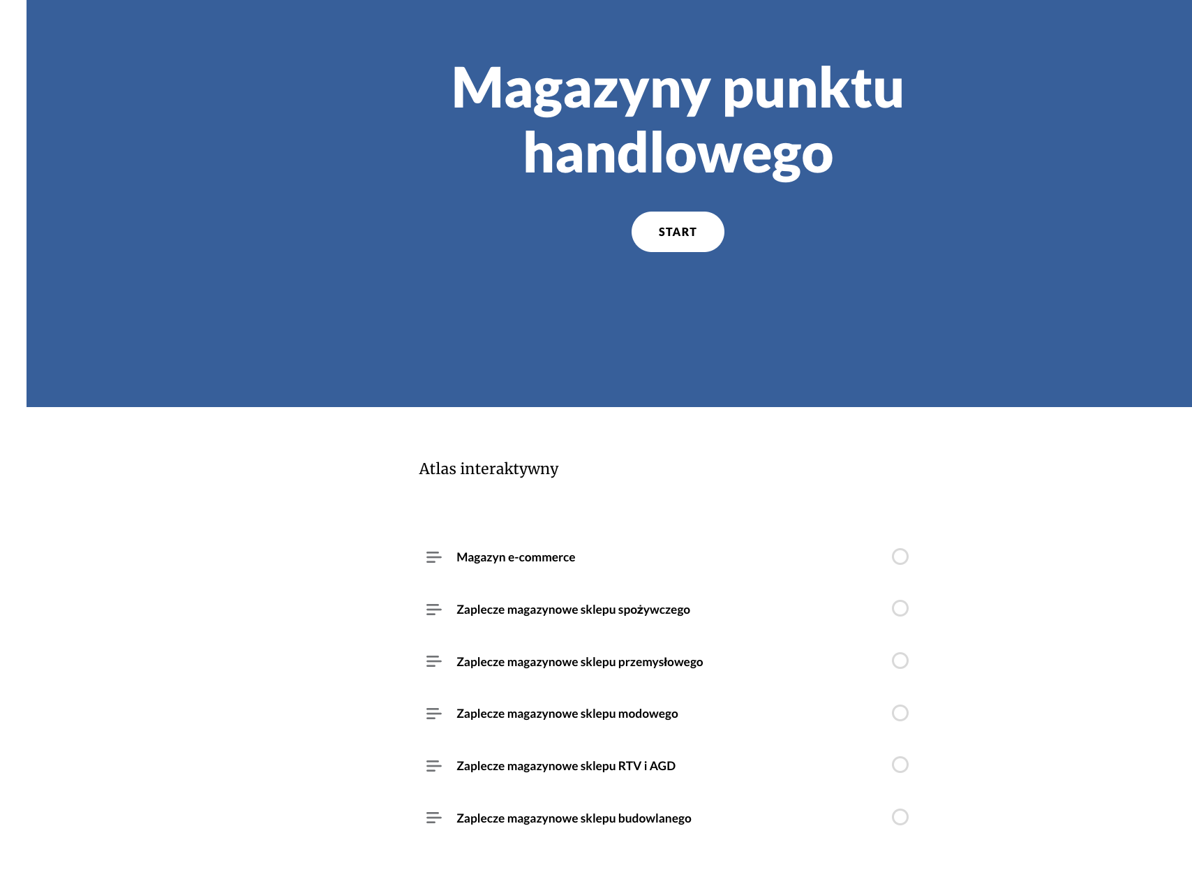 Grafika przedstawia widok strony początkowej atlasu interaktywnego. Podzielona jest na dwie części: na górnej, ciemnoniebieskiej znajduje się tytuł Magazyny punktu handlowego, poniżej której jest przycisk start, oraz na dolnej, białej, znajduje się menu z poszczególnymi elementami atlasu.