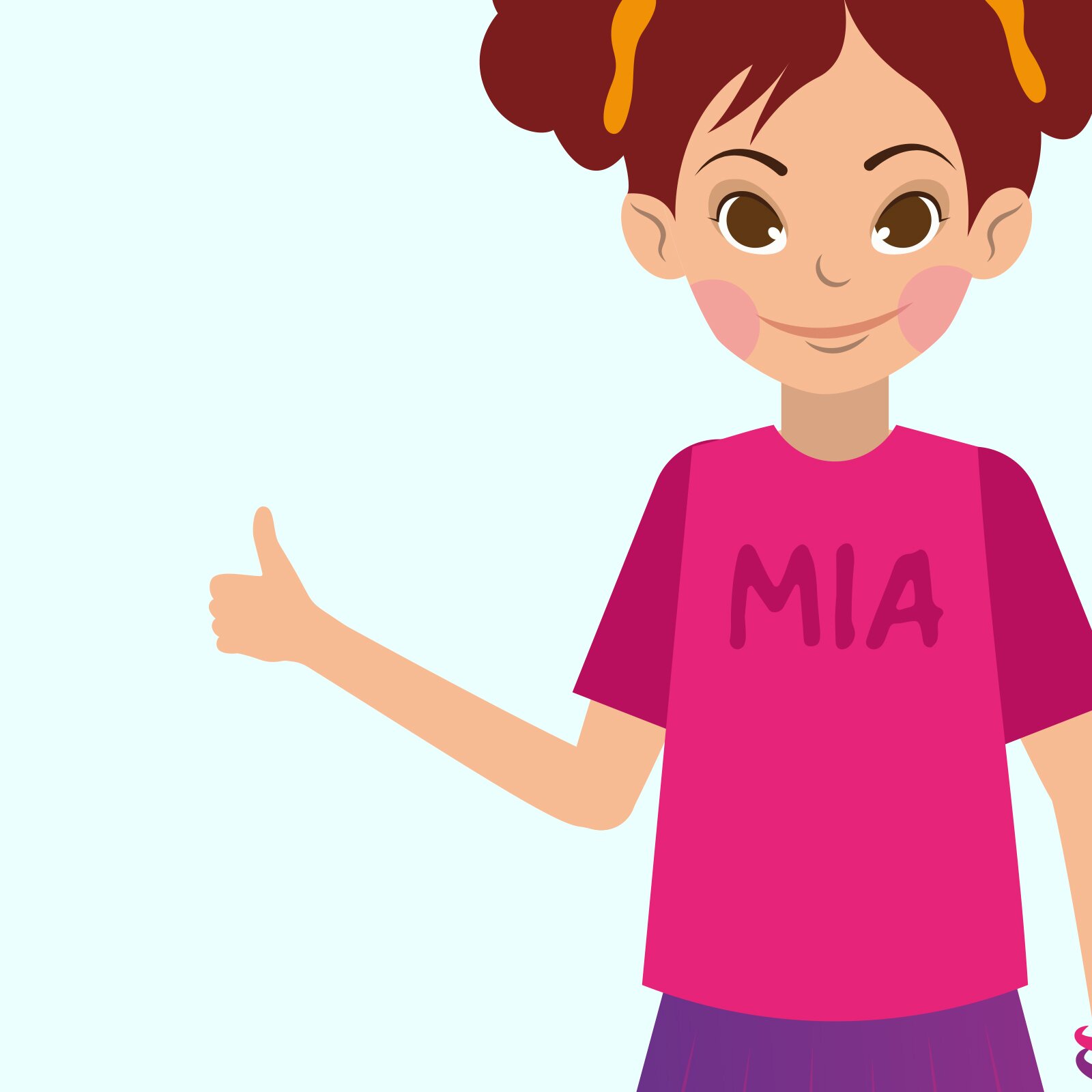 Ilustracja przedstawia dziewczynkę w różowej koszulce i fioletowej spódnice, która ma uśmiechniętą minę i pokazuje kciuk w górę.