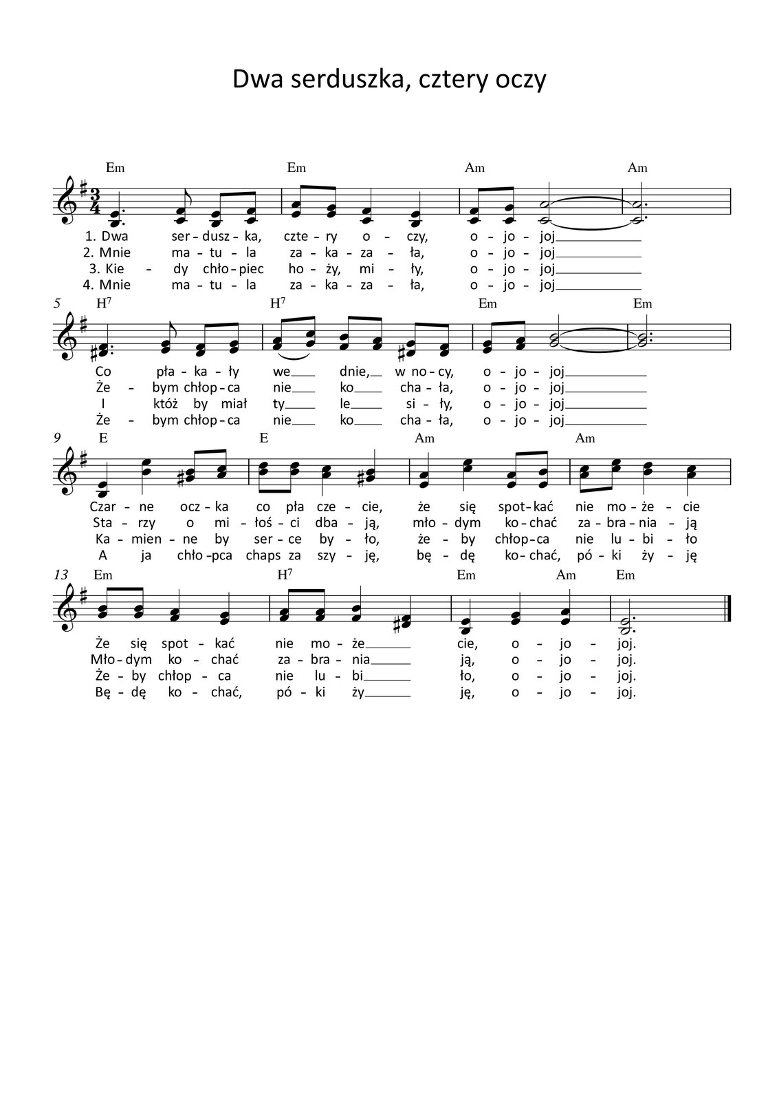 Grafika przedstawia partyturę utworu „Dwa serduszka, cztery oczy”, który jest napisany w metrum trzy czwarte, w tonacji e‑moll. Partytura ma jedną stronę, na której zapisano szesnaście taktów. Melodię w dwugłosie zapisano w kluczu wiolinowym, a pod nutami zanotowano tekst, łącznie cztery zwrotki. Wszystkie dźwięki należą do oktaw małej, razkreślnej lub dwukreślnej.
W pierwszym takcie w pierwszej linijce utworu w górnym głosie na pierwszą miarę śpiewana jest ćwierćnuta z kropką e, dalej ósemka fis, a na trzecią miarę ósemki e oraz fis. W głosie dolnym na pierwszą miarę śpiewana jest ćwierćnuta z kropką h, dalej ósemka c, a na miarę trzecią ósemki h oraz c. Nad taktem zapisano akord e‑moll. W drugim takcie w górnym głosie na pierwszą miarę śpiewane są ósemki a oraz g, na miarę drugą ćwierćnuta fis, a na trzecią miarę ćwierćnuta e. W głosie dolnym na pierwszą miarę śpiewane są dwie ósemki e, na miarę drugą ćwierćnuta c, a na miarę trzecią ćwierćnuta h. Nad taktem zapisano akord e‑moll. W trzecim takcie w górnym głosie na pierwszą miarę śpiewane są ósemki fis oraz g, a na miary drugą oraz trzecią półnuta a, przedłużona do kolejnego taktu. W głosie dolnym na pierwszą miarę śpiewane są dwie ósemki c, a na miarę drugą oraz trzecią półnuta c, przedłużona do kolejnego taktu. Nad taktem zapisano akord a‑moll. W czwartym takcie zapisano wyłącznie półnutę z kropką a w górnym głosie, przedłużoną z poprzedniego taktu, oraz w głosie dolnym półnutę z kropką c, również przedłużoną z taktu poprzedniego. Nad taktem zapisano akord a‑moll.
W piątym takcie w górnym głosie na pierwszą miarę śpiewana jest ćwierćnuta z kropką fis, następnie ósemka g, a na miarę trzecią ósemki fis oraz g. W dolnym głosie na pierwszą miarę śpiewana jest ćwierćnuta z kropką dis, dalej ósemka e, natomiast na trzecią miarę ósemki dis oraz e. Nad taktem zapisano akord: dominantę septymową H. W takcie szóstym w górnym głosie na pierwszą miarę śpiewane są ósemki a oraz c z artykulacją legato, na miarę drugą ósemki h oraz a, a na trzecią miarę ósemki g oraz fis. W dolnym głosie na pierwszą miarę śpiewane są ósemki fis oraz g, na miarę drugą dwa razy ósemka fis, a na trzecią miarę dwa razy ósemka dis. Nad taktem zapisano akord: dominantę septymową H. W takcie siódmym w górnym głosie na pierwszą miarę śpiewane są ósemki g oraz a, a na miary drugą oraz trzecią półnuta h, przedłużona do kolejnego taktu. W głosie dolnym na pierwszą miarę śpiewane są ósemki e oraz fis, natomiast na miary drugą oraz trzecią półnuta g, przedłużona do kolejnego taktu. Nad taktem zapisano akord e‑moll. W takcie ósmym zapisano w górnym głosie półnutę z kropką h, przedłużoną z poprzedniego taktu, a w głosie dolnym półnutę z kropką g, również przedłużoną z poprzedniego taktu. Nad taktem zapisano akord e‑moll.
W takcie dziewiątym w górnym głosie na pierwszą miarę śpiewana jest ćwierćnuta e, na miarę drugą ćwierćnuta e oktawę wyżej, natomiast na trzecią miarę ósemki h oraz c. W głosie dolnym na pierwszą miarę śpiewana jest ćwierćnuta h, na drugą miarę ćwierćnuta h oktawę wyżej, natomiast na miarę trzecią ósemki gis oraz a. Nad taktem zapisano akord E‑dur. W dziesiątym takcie w górnym głosie na pierwszą miarę śpiewane są dwie ósemki d, na miarę drugą ćwierćnuta c, natomiast na miarę trzecią ćwierćnuta h. W głosie dolnym na pierwszą miarę śpiewana jest dwa razy ósemka h, na miarę drugą ćwierćnuta a, natomiast na miarę trzecią ćwierćnuta gis. Nad taktem zapisano akord E‑dur. W jedenastym takcie w górnym głosie na pierwszą miarę śpiewana jest ćwierćnuta a, na miarę drugą ćwierćnuta e, natomiast na miarę trzecią ósemki a oraz h. W głosie dolnym na pierwszą miarę śpiewana jest ćwierćnuta e, na miarę drugą ćwierćnuta c, natomiast na miarę trzecią dwa razy ósemka e. Nad taktem zapisano akord a‑moll. W takcie dwunastym w górnym głosie na pierwszą miarę śpiewane są ósemki c oraz e, na miarę drugą ćwierćnuta d, a na miarę trzecią ćwierćnuta c. W głosie dolnym na pierwszą miarę śpiewane są ósemki a oraz c, na miarę drugą ćwierćnuta h, natomiast na miarę trzecią ćwierćnuta a. Nad taktem zapisano akord a‑moll.
W takcie trzynastym w górnym głosie na pierwszą miarę śpiewane są dwie ósemki h, na miarę drugą ćwierćnuta a, a na trzecią miarę ćwierćnuta g. W głosie dolnym na pierwszą miarę śpiewane są dwie ósemki g, na miarę drugą ćwierćnuta fis, natomiast na miarę trzecią ćwierćnuta e. Nad taktem zapisano akord e‑moll. W czternastym takcie w górnym głosie na pierwszą miarę śpiewane są dwie ósemki a, na miarę drugą ćwierćnuta h, natomiast na miarę trzecią ćwierćnuta fis. W głosie dolnym na pierwszą miarę zapisano dwie ósemki fis, na miarę drugą ćwierćnutę fis, natomiast na trzecią miarę ćwierćnutę dis. Nad taktem zapisano akord: dominantę septymową H. W takcie piętnastym w górnym głosie na pierwszą miarę śpiewana jest ćwierćnuta e, na miarę drugą ćwierćnuta g, natomiast na miarę trzecią ćwierćnuta a. W głosie dolnym na pierwszą miarę śpiewana jest ćwierćnuta h, na miarę drugą ćwierćnuta e, natomiast na trzecią miarę ponownie ćwierćnuta e. Nad taktem zapisano akordy: e‑moll na pierwsze dwie miary oraz a‑moll na miarę trzecią. W ostatnim, szesnastym takcie śpiewana jest w górnym głosie półnuta z kropką e, natomiast w głosie dolnym półnuta z kropką h. Nad taktem zapisano akord e‑moll.