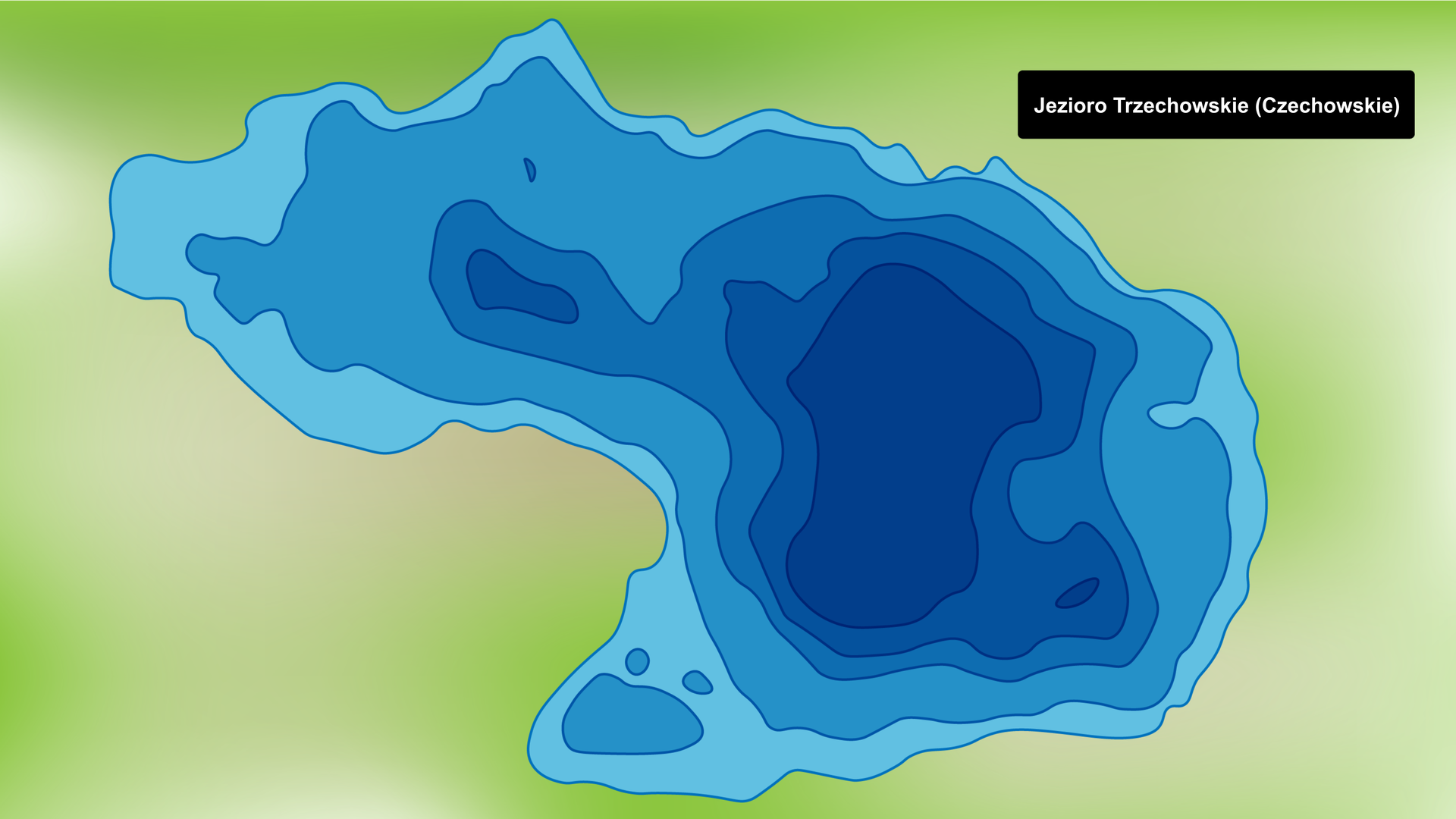 Na ilustracji jest Jezioro Trzechowskie (Czechowskie). Kolorami zaznaczono głębokość. Jezioro ma kształt zbliżony do owalu z wysuniętą częścią na jednym z krańców. Maksymalna głebokość wynosi 40 metrów. 