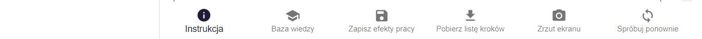 Grafika ilustruje dolny pasek interfejsu programu ćwiczeniowego. Widnieje na nim sześć ikon. Pierwsza od lewej, z literą „i” umożliwia wyświetlenie szczegółowej instrukcji obsługi programu, druga, z symbolem biretu akademickiego odsyła do bazy wiedzy, trzecia, zilustrowana rysunkiem dyskietki ułatwia zapisanie efektów swojej pracy, czwarta ikona, przedstawiająca strzałkę skierowaną w dół daje możliwość zapisania listy kroków, piąta, zilustrowana rysunkiem aparatu fotograficznego służy do wykonania zrzutu ekranu, ostatni przycisk z dwiema półokrągłymi strzałkami tworzącymi okrąg i podpisem „spróbuj ponownie” umożliwia ponowne wykonanie zadania w programie ćwiczeniowym.