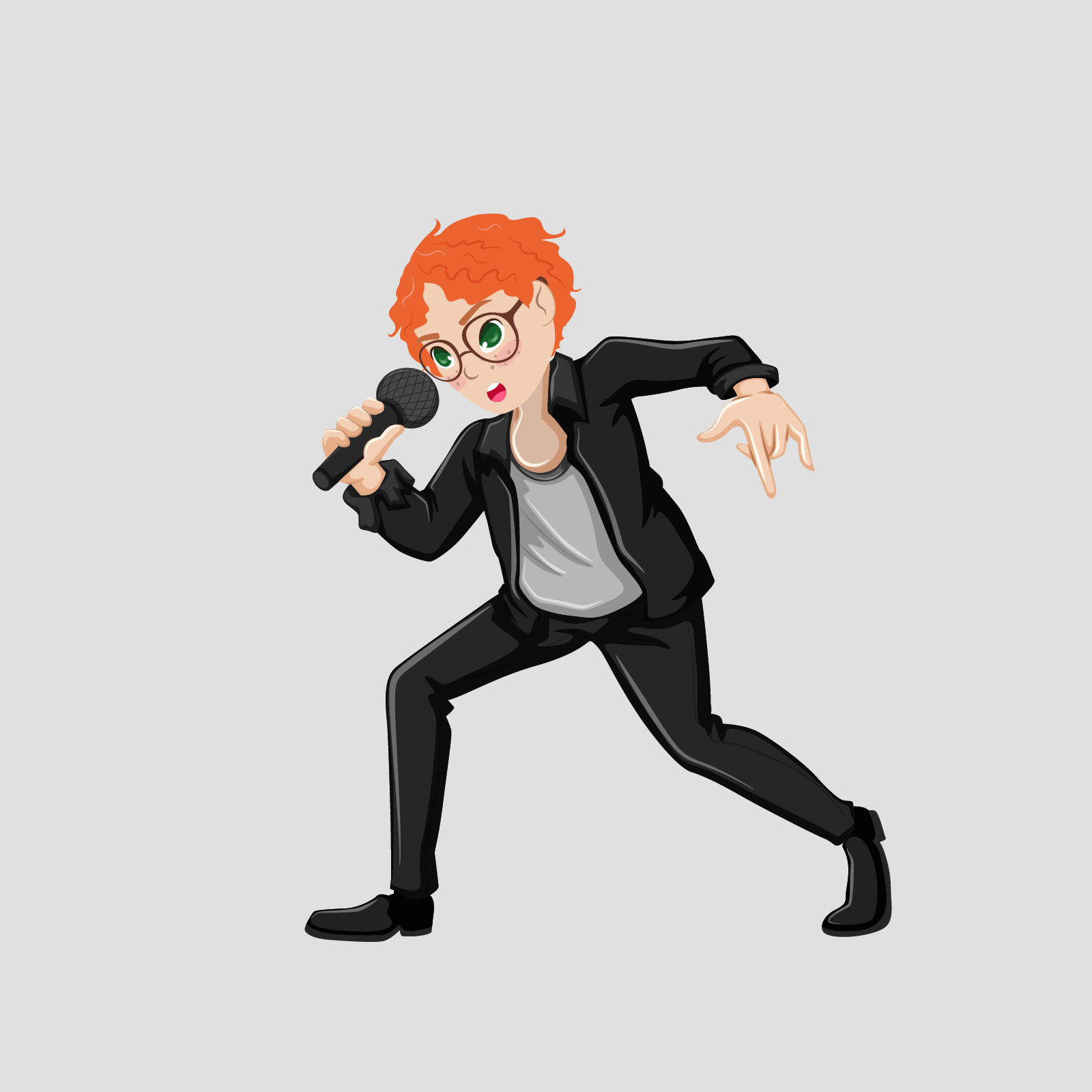 Ilustracja przedstawia chłopca o imieniu Patrick pochylającego się nad ugiętym kolanem, śpiewającego do mikrofonu. Nosi czarną rozpinaną bluzę oraz czarne spodnie.