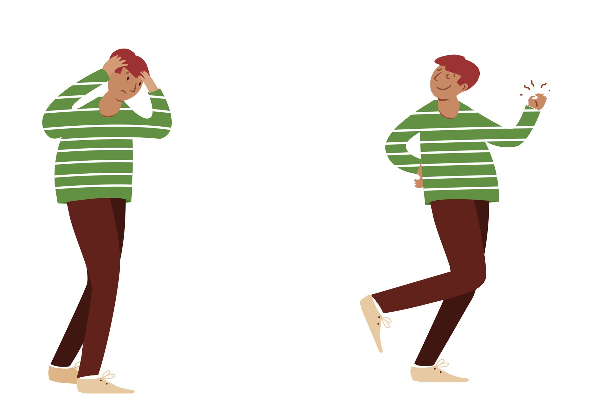 Obrazek z lewej strony przedstawia niedbale stojącego chłopca, trzymającego się oburącz za głowę. Chłopiec ma smutną minę. Obrazek z prawej strony przedstawia tego samego chłopca, ale w pozie tanecznej, uśmiechniętego i pełnego werwy.