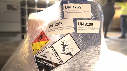 Na ilustracji widać zafoliowany streczem ładunek transportowy. Na folii znajdują się 3 piktogramy oraz 3 naklejki. Na dwóch naklejkach widnieje napis UN 3265 a na trzeciej UN3109.
Pierwsze oznaczenie od lewej to romb w górnej połowie czerwony, w dolnej żółty. Posiada czarną obwódkę. W górnej części rombu znajduje się czarny płomień, pod nim poziomy krótki odcinek. W dolnym rogu kod pięć kropka dwa. Obok oznaczenia podpis numer pięć kropka dwa.
Drugie oznaczenie to romb w górnej połowy biały w dolnej czarny, z czarną przerywaną linią obok czarnej obwódki w górnej połowie znajduje się w rysunek dwóch probówek, z których wylewa się ciecz na powierzchnię płaską i na ludzką dłoń. 
 Powierzchnia i dłoń parują. W dolnej połowie znajduję się napis CORROSIVE oraz liczba 8.  
Trzecie oznaczenie to romb znajduje się w nim  martwe drzewo bez liści i ryba leżąca na grzbiecie, mająca otwarty pyszczek.