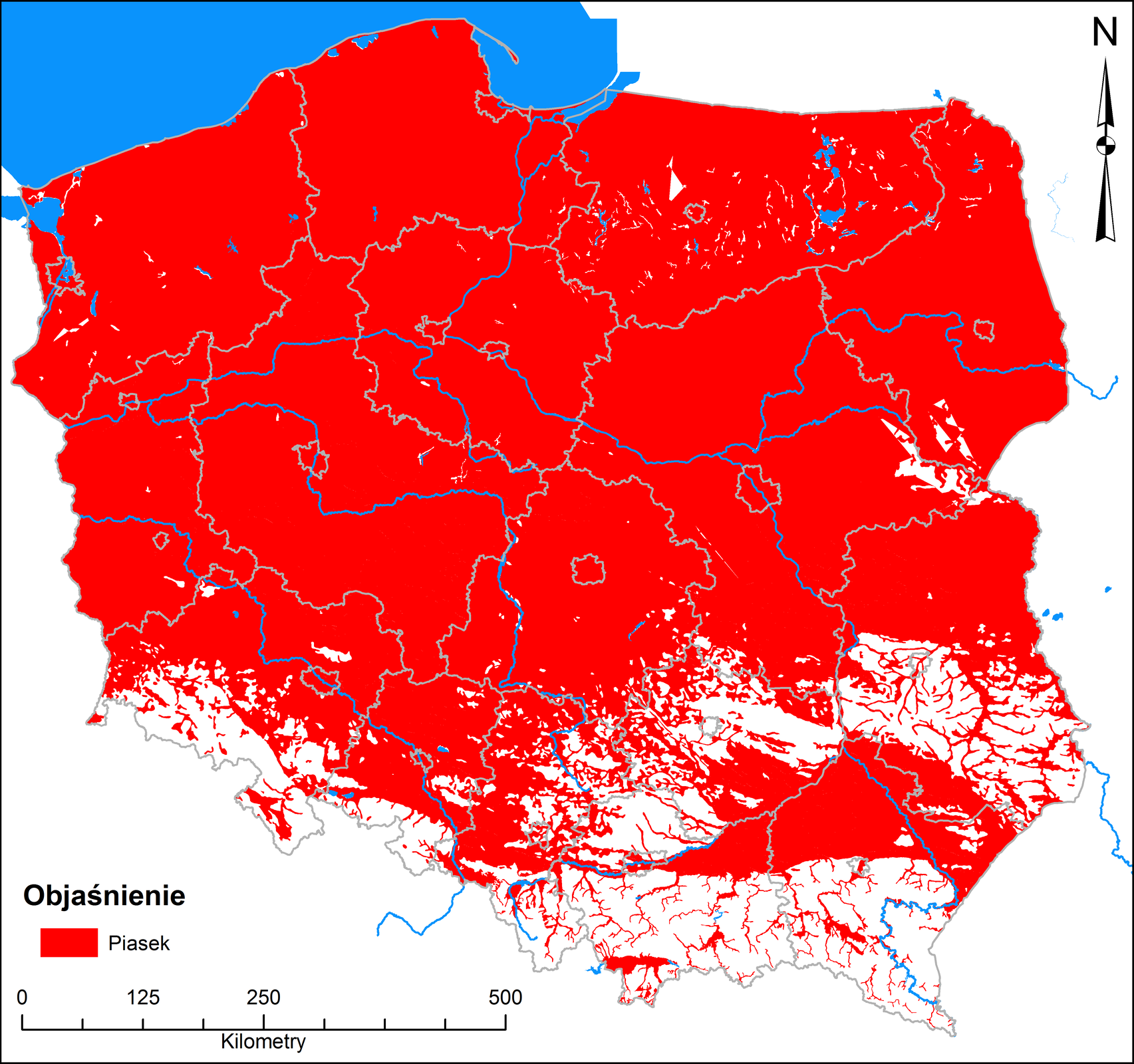 Mapa Polski przedstawiająca złoża piasku, które obecne są na całym terenie północnej i środkowej części kraju, a także w północnych częściach województwa dolnośląskiego, opolskiego, śląskiego podkarpackiego oraz w części województwa świętokrzyskiego i na północy województwa lubelskiego. 