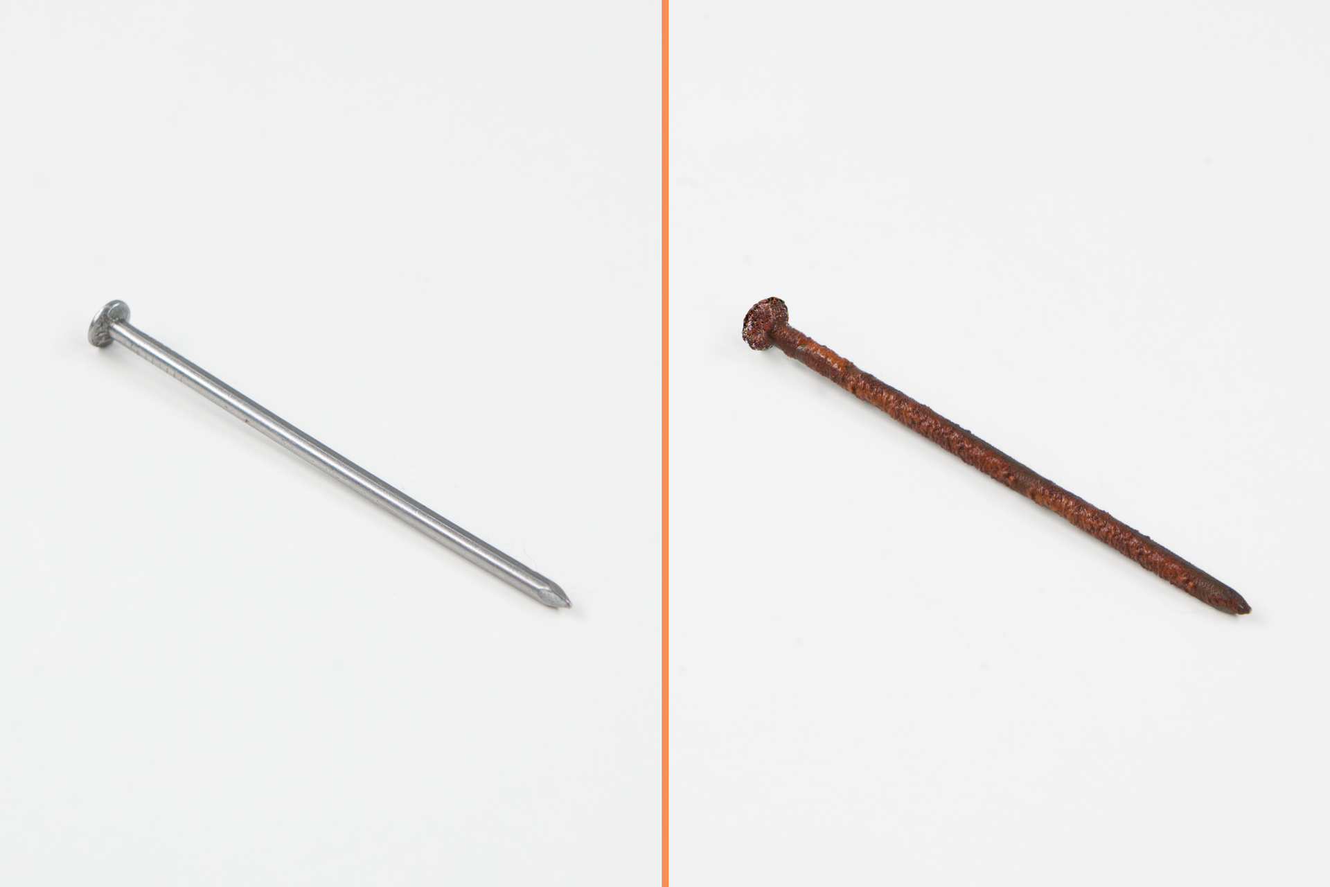 Ilustracja przedstawia dwie fotografie: gwóźdź i ten sam zardzewiały gwóźdź.