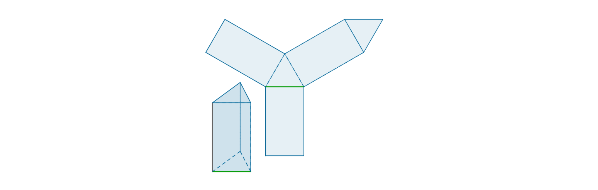 Rysunek przedstawia rzut graniastosłupa prawidłowego trójkątnego. Obok znajduje się siatka bryły składająca się z trzech prostokątów i dwóch trójkątów równobocznych.
