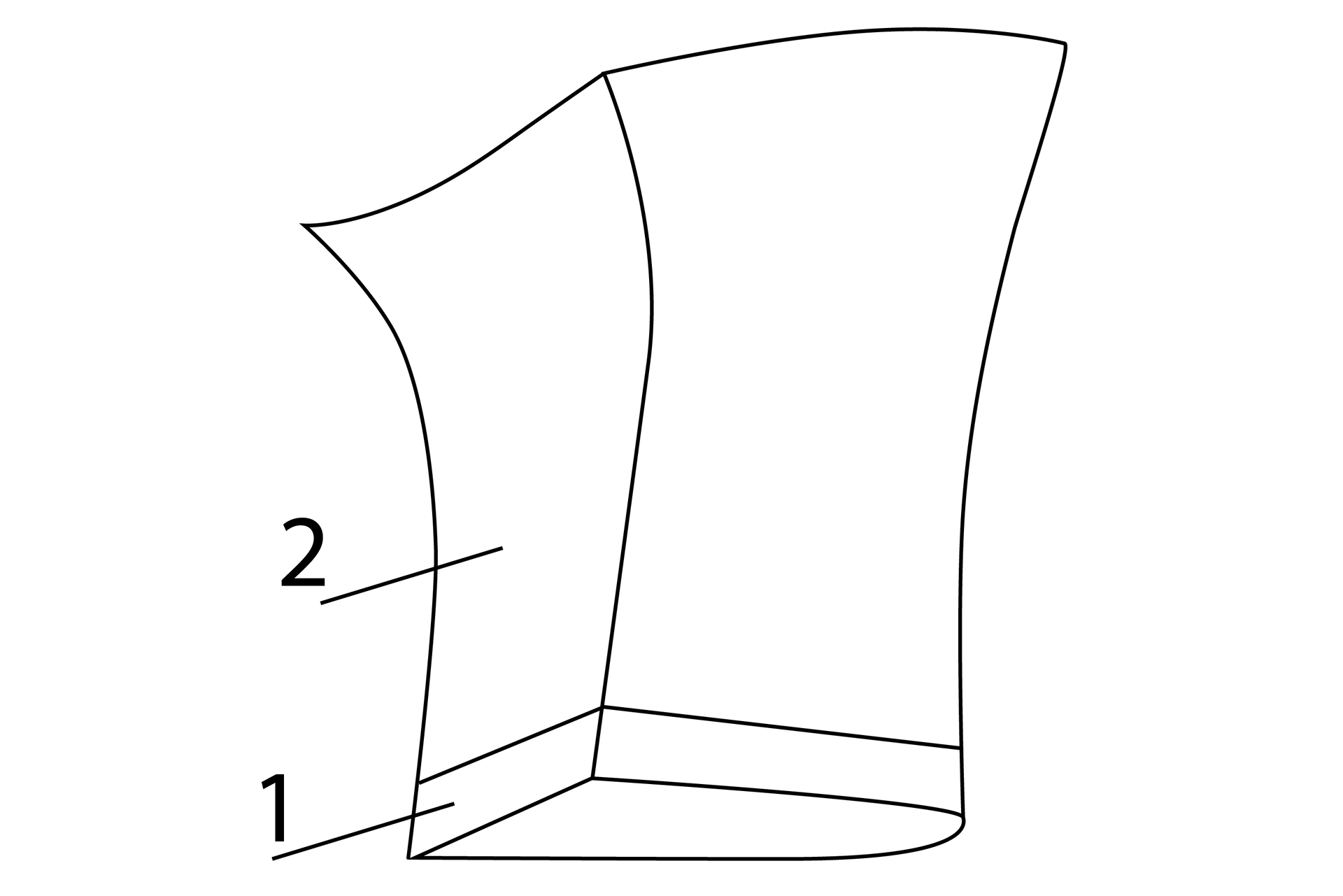 Grafika przedstawia wysoki obcas w kształcie słupka. Składa się z części głównej, opatrzonej numerem 2, oraz spodniej, opatrzonej numerem 1.