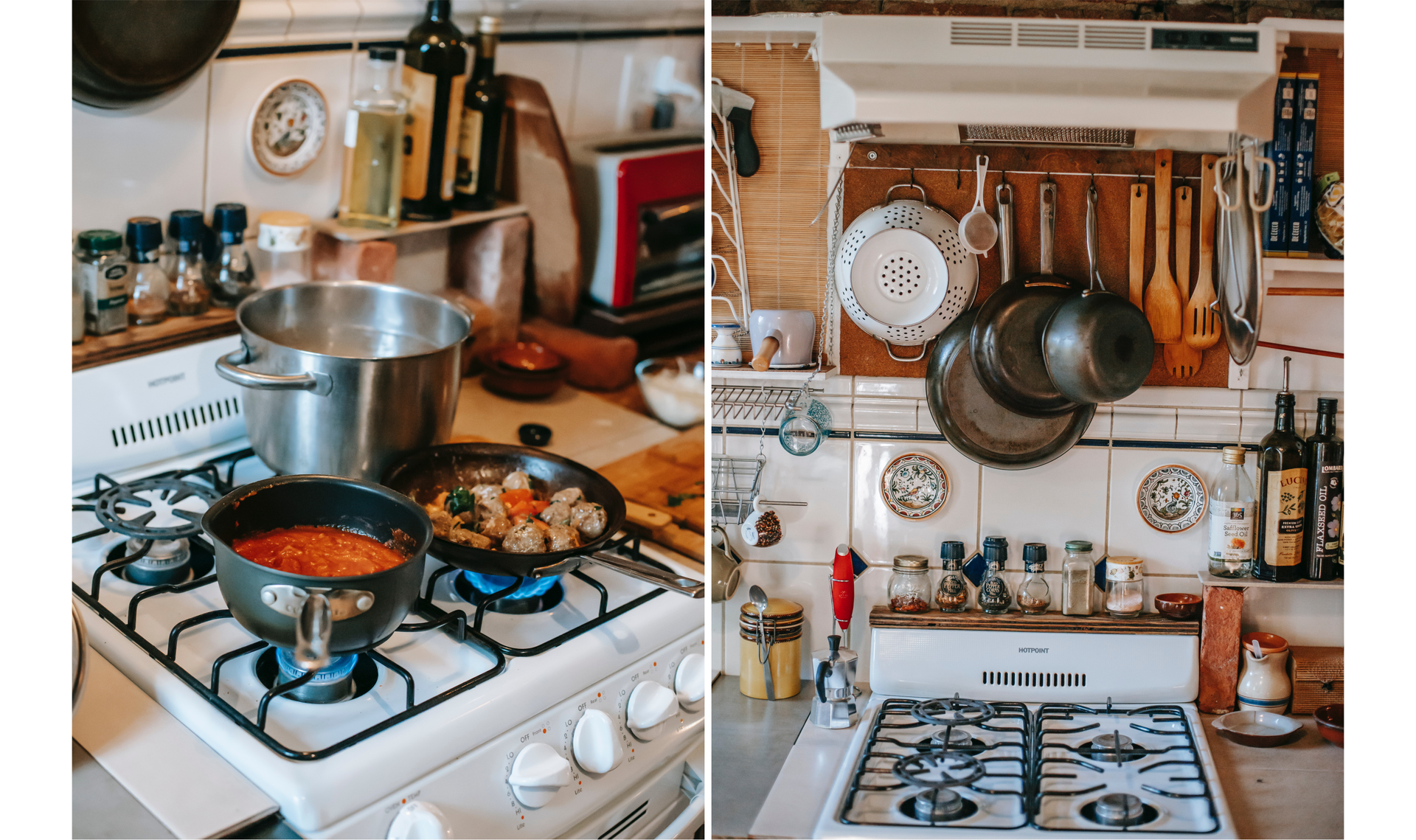 Ilustracja składa się z dwóch zdjęć przedstawiających kuchnię. Na zdjęciu po lewej na kuchence gazowej gotuje się obiad. Na kuchence stoją dwa garnki i jedna patelnia. Zdjęcie po prawej przedstawia pustą kuchenkę gazową, nie ma garnków. Nad kuchenką na ścianie wiszą: durszlak, patelnie oraz drewniane łyżki.