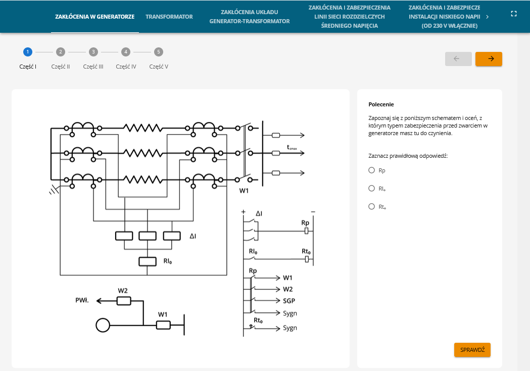 Ilustracja przedstawia wygląd programu ćwiczeniowego. Na górze znajdują się zakładki z ćwiczeniami. Po prawej stronie widoczne jest polecenie, a po lewej schemat na podstawie którego należy udzielić odpowiedzi.