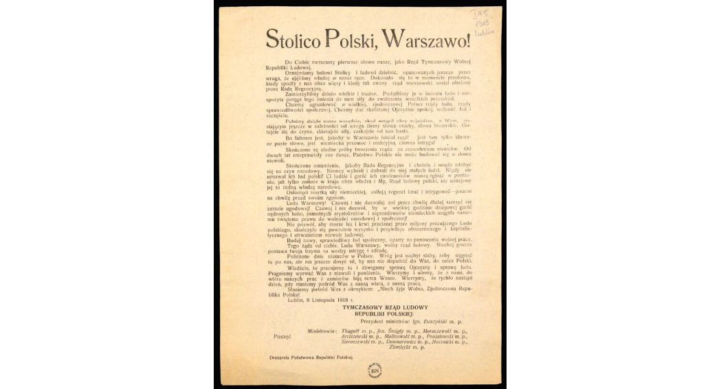 Ilustracja przedstawia stronę dokumentu napisanego przez Tymczasowy Rząd Ludowy do mieszkańców Warszawy. Na górze napis dużymi literami: Stolico Polski, Warszawo! i treść odezwy.
