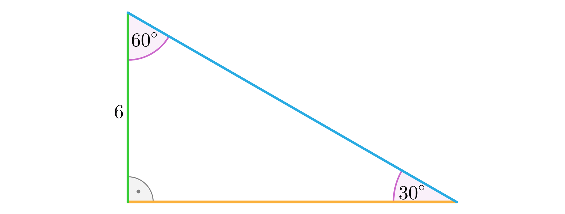 Ilustracja przedstawia trójkąt prostokątny, którego jedna przyprostokątna ma długość sześć. Kąt przy tej przyprostokątnej ma miarę 60 stopni, a drugi z kątów ostrych ma miarę 30 stopni.