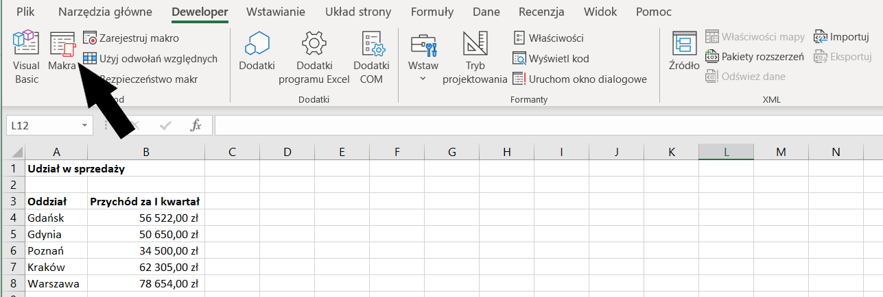 Ilustracja przedstawia okno programu. W pasku menu wskazano strzałką Makra, po wybraniu zakładki Deweloper.