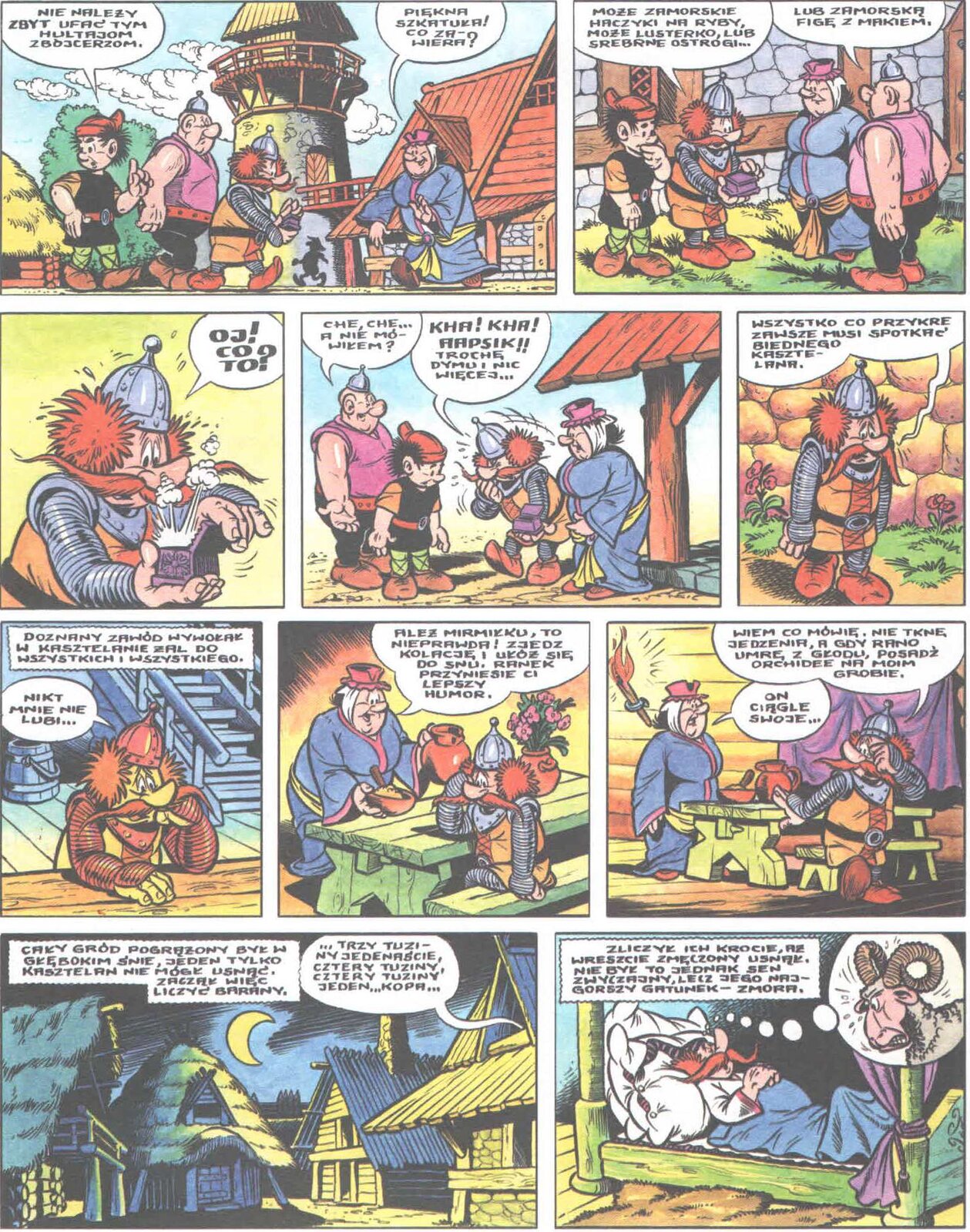Kolorowa ilustracja strony komiksu. Mirmił ma rude włosy i długie rude wąsy, ubrany jest w zbroję; Dobrawa ubrana jest w długą fioletową suknię i różowy kapelusik; Kajko ma czarne włosy, ubrany jest w czarną tunikę, zielone spodnie, na głowie ma czerwoną czapkę; potężny Kokosz ma na sobie różową koszulkę z krótkimi rękawami, czarne spodnie, na czubku jego łysej głowy znajduje się mały hełm. Scena 1. Mirmił, Kajko i Kokosz idą przez wioskę, a Mirmił trzyma szkatułkę. Kajko mówi: "Nie należy ufać tym hultajom zbójcerzom." Lubawa idzie z naprzeciwka i mówi: "Piękna szkatułka! Co zawiera?" Scena 2. Postacie stoją na dworze i przyglądają się szkatułce. Mirmił mówi: "Może zamorskie haczyki na ryby. Może lusterko lub srebrne ostrogi..." Kokosz odpowiada: "Lub zamorską figę z makiem." Scena 3. Mirmił otwiera szkatułkę, z której wydobywa się biały dym. Zdziwiony mówi: "Oj! co to?" Scena 4. Kokosz mówi: "Che, che... A nie mówiłem?" Mirmił odpowiada: "Kha! Kha! Aapsik!! Trochę dymu i nic więcej...".Scena 5. Smutny Mirmił mówi: "Wszystko co przykre zawsze musi spotkać biednego kasztelana". Scena 6. Mirmił siedzi przy drewnianym stole, za nim widać schody i beczkę. Tekst: Doznany zawód wywołał w kasztelanie żal do wszystkich i wszystkiego. Mirmił mówi: „Nikt mnie nie lubi…”. Scena 7. Do siedzącego przy stole Mirmiła podchodzi Lubawa z miską jedzenia i dzbankiem. Lubawa mówi: „Ależ Mirmiłku, to nieprawda! Zjedź kolację i ułóż się do snu. Ranek przyniesie ci lepszy humor”. Scena 8. Siedzący przy stole Mirmił mówi: „Wiem co mówię. Nie tknę jedzenia, a gdy rano umrę z głodu, posadź orchidee na moim grobie". Lubawa odpowiada: „On ciągle swoje…”. Scena 9. Ilustracja przedstawia wioskę nocą. Na niebie widać księżyc. Tekst: "Cały gród pogrążony był w głębokim śnie, jeden tylko kasztelan nie mógł usnąć. Zaczął więc liczyć barany". Z okna domu Mirmiła wydobywa się dymek o treści: „… Trzy tuziny jedenaście, cztery tuziny, cztery tuziny jeden… kopa…”. Scena 10. Mirmił śpi w swoim łóżku. Nad nim widać dymek, w którym widnieje głowa barana. Tekst: Zliczył ich krocie, aż wreszcie zmęczony usnął. Nie był to jednak sen zwyczajny, lecz jego najgorszy gatunek – zmora.