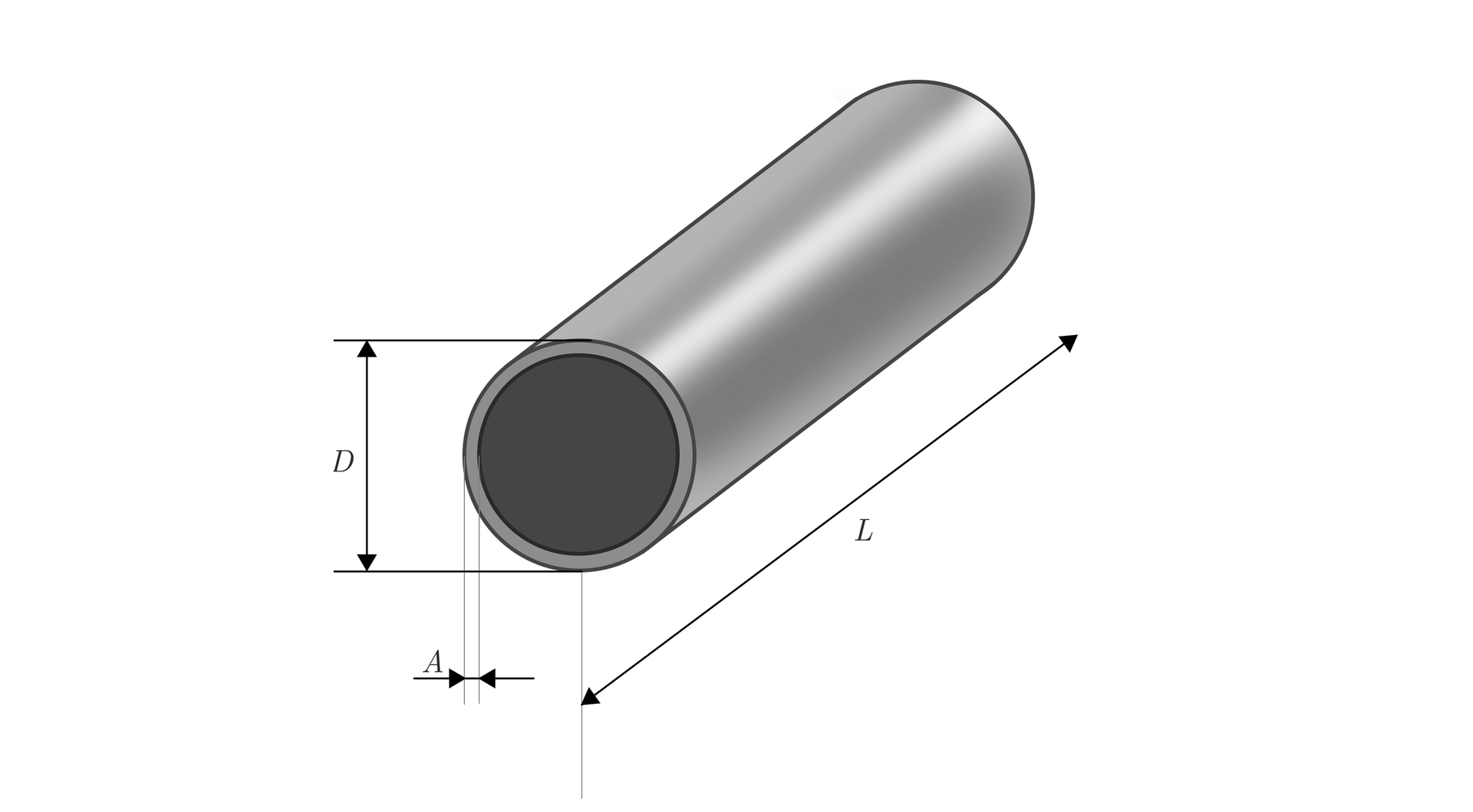  Ilustracja przedstawia metalową rurę z zaznaczonymi trzema wymiarami. Pierwszym wymiarem jest długość rury oznaczana przez L, drugim wymiarem jest średnica podstawy oznaczana  przez D. Ostatnim oznaczanym wymiarem jest grubość materiału z jakiego została wykonana rura, czyli szerokość pierścienia znajdującego się w podstawie bryły. Wymiar ten oznaczono przez A. 