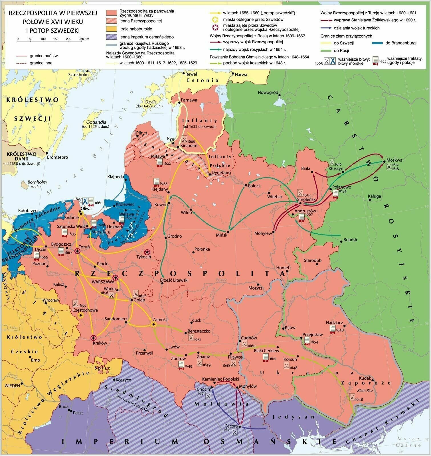 Mapa przedstawia Rzeczpospolitą w pierwszej połowie XVII wieku i potop szwedzki. Rzeczpospolita zajmuje duży obszar Europy Środkowej i Wschodniej. Od zachodu graniczy z Prusami oraz krajami habsburskimi, od południa z Imperium Osmańskim, a od wschodu z Cesarstwem Rosyjskim. Oznaczone są ważniejsze bitwy: na terenie Cesarstwa Rosyjskiego Moskwa 1612, 1618; Kłuszyn 1610, na terenie Imperium Osmańskiego Cecora 1620; Chocim 1621; na południu Rzeczypospolitej Cudnów 1660; Korsuń 1648; Zaporoże 1648; Piławice 1648; Zbaraż 1649; Beresteczko 1651; północno-zachodnia część Rzeczypospolitej Częstochowa 1655; Warka 1656; Gołąb 1656; północno-wschodnia część Rzeczypospolitej Kircholm 1605; Smoleńsk 1654. Bitwa morska: Oliwa 1627. Na mapie ukazany jest potop szwedzki w latach 1655–1660, który pokrywał część północną oraz zachodnią Rzeczypospolitej. Oznaczone są miasta zajęte przez Szwedów: Toruń, Kraków, Tykocin. Miasta oblegane przez Szwedów: Gdańsk, Częstochowa, Zamość. Ukazane są najazdy wojsk rosyjskich w 1654 roku od wschodu w głąb Rzeczypospolitej, wyprawy wojsk Rzeczypospolitej z Mohylewa przez Smoleńsk na Moskwę oraz pochód wojsk kozackich w 1648 roku z południa na Rzeczpospolitą. Ukazane są działania wojsk tureckich oraz Rzeczypospolitej na południu na terenie Imperium Osmańskiego w miejscowościach Chocim, Cecora, Kamieniec Podolski i Mohylów.