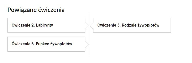 Widok przykładowego przycisku ćwiczeń powiązanych z danym multimedium. Na górze widoczny jest napis: Powiązane ćwiczenia. Po lewej stronie znajdują się dwa podłużne kafelki z numerem ćwiczenia i tytułem. Po prawej stronie widoczny jest jeden kafelek. Lewa strona. Pierwszy kafelek to ćwiczenie drugie. Labirynty. Drugi kafelek to ćwiczenie szóste. Funkcje żywopłotów. Prawa strona. Pierwszy kafelek to ćwiczenie trzecie. Rodzaj żywopłotów.