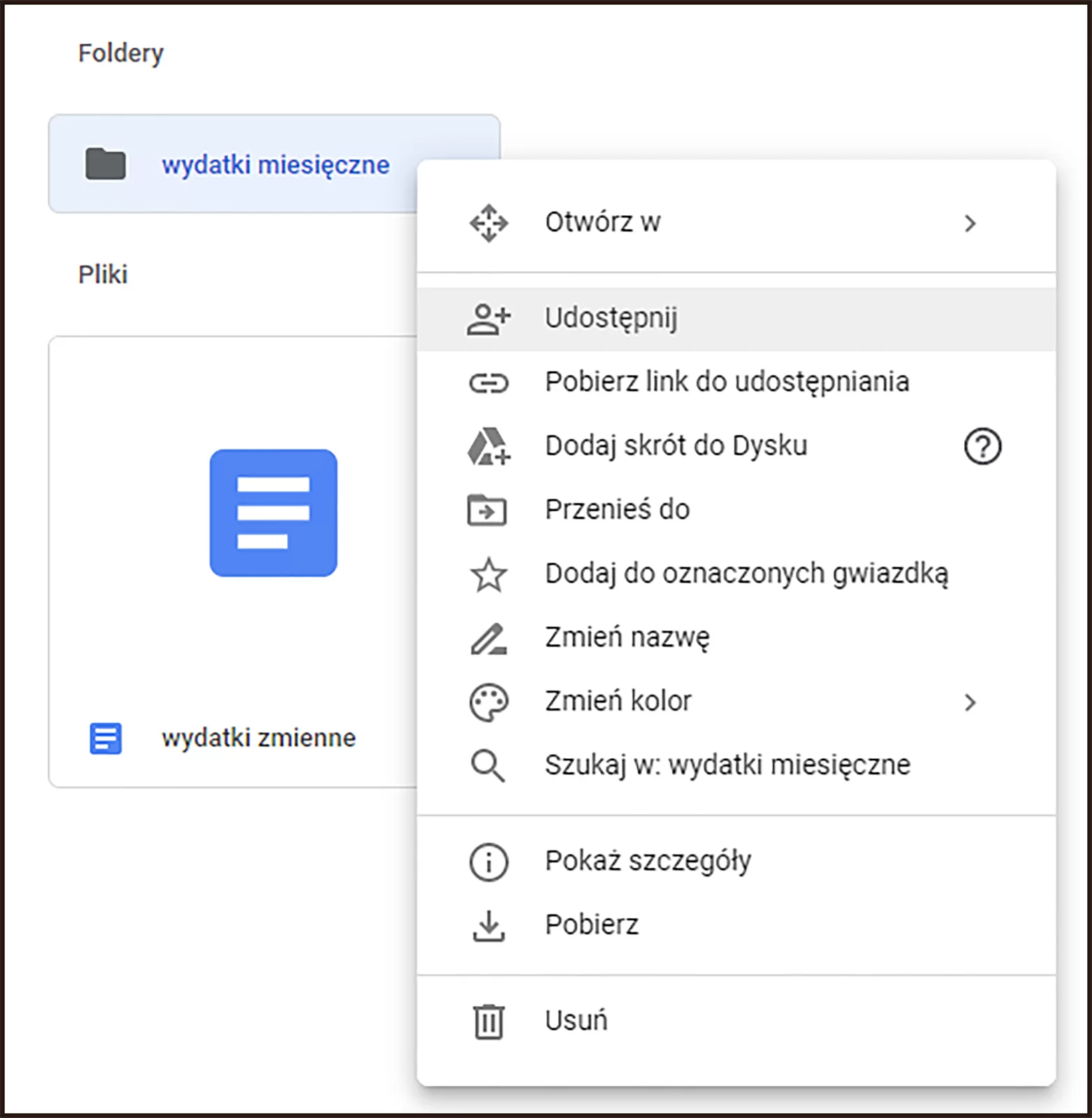 Ilustracja przedstawiająca dwa segmenty aplikacji Dysk Google: Foldery i Pliki. W segmencie Foldery znajduje się folder wydatki miesięczne. Nad folderem wyświetlono listę opcji dotyczącą folderu. Zaznaczono opcję Udostępnij. W segmencie Pliki znajduje się plik nazwany wydatki zmienne.