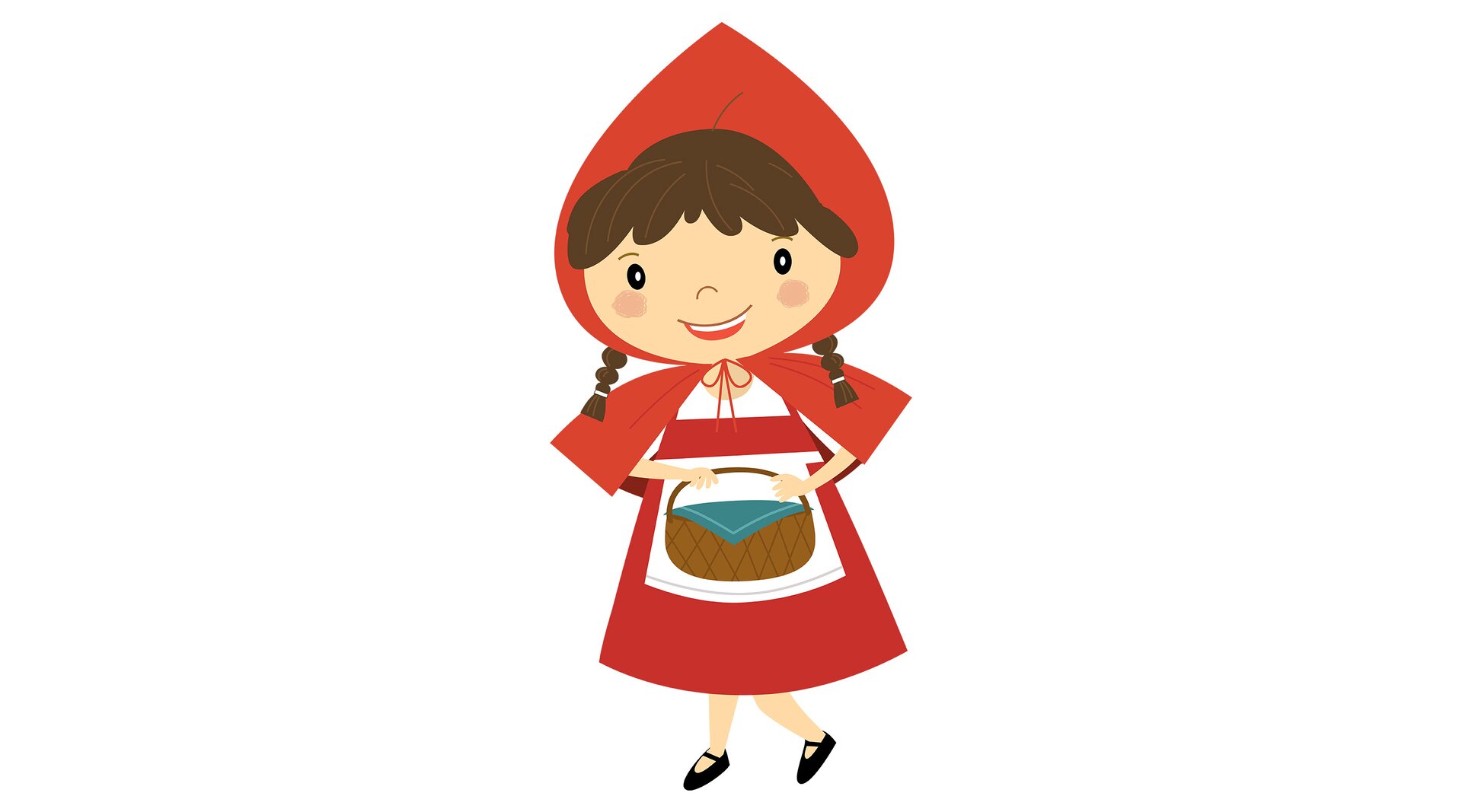 Na ilustracji znajduje się dziewczynka w czerwonej pelerynce z kapturem. W ręku trzyma koszyk.