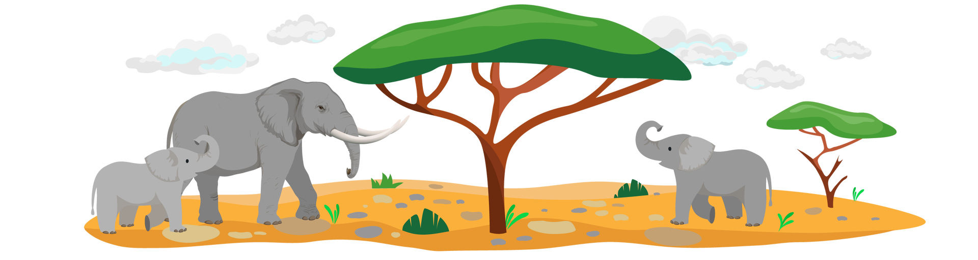 Ilustracja przedstawia afrykański krajobraz. W tle widać kilka jasnych chmur. Dookoła rozpościera się teren pokryty jasnobrązowym piaskiem, z którego gdzieniegdzie wyrastają pojedyncze kępki zielonej trawy. Po prawej stronie stoi niskie drzewo liściaste o rozłożystej koronie. Podobne, większe, drzewo rośnie w centralnej części ilustracji. Po lewej stronie dużego drzewa są dwa szare słonie – jeden duży, z dwoma, długimi białymi, kłami, a drugi mały, z trąbą uniesioną do góry. Drugi, mały słoń stoi po prawej stronie dużego drzewa. Jego trąba również jest uniesiona do góry.