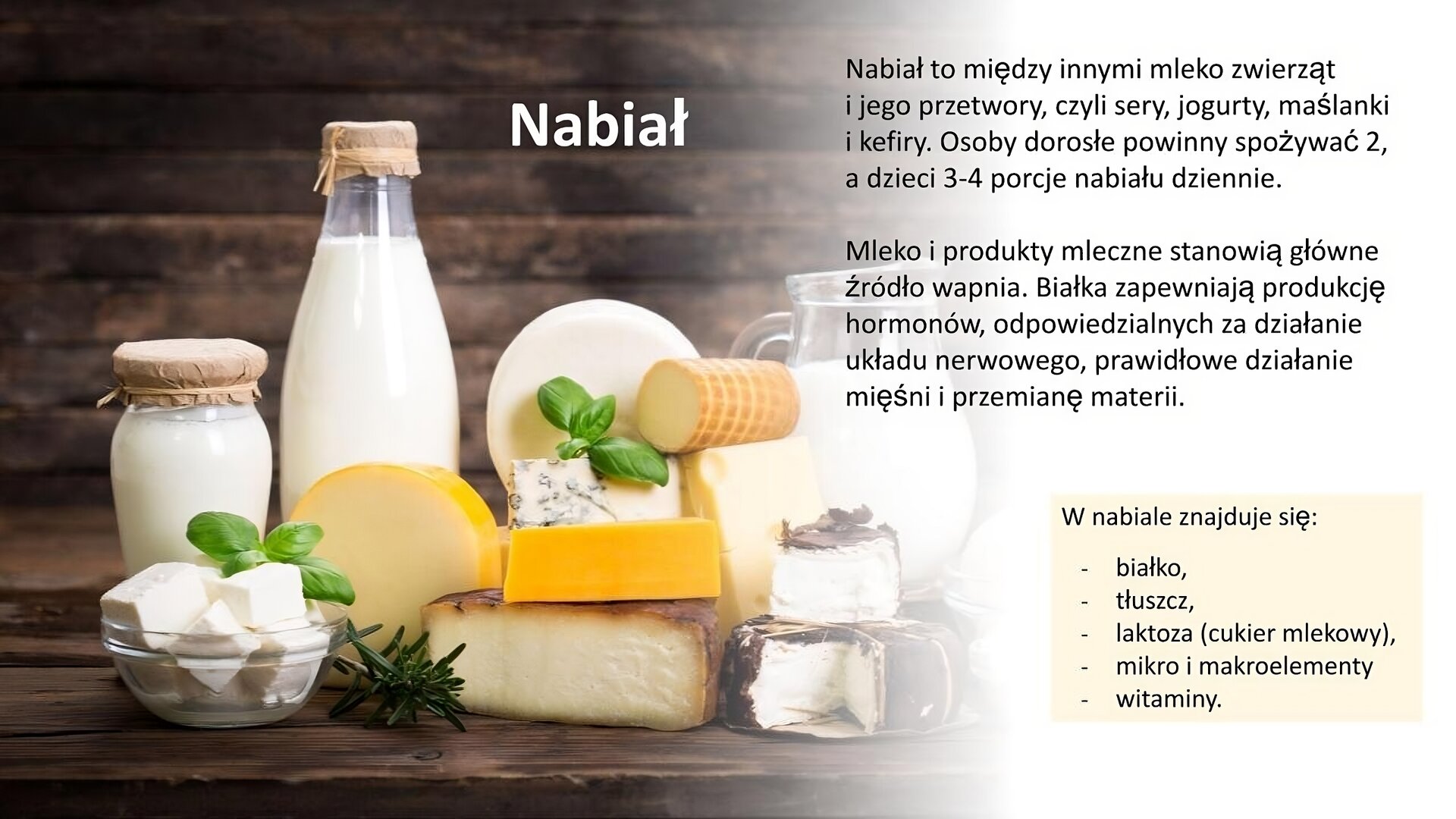Z lewej strony slajdu zdjęcie przedstawia szklane butelki, w których są białe płyny. Obok nich leżą różne kolory sera. U góry slajdu biały napis: „Nabiał”. Z prawej strony slajdu tekst: „Nabiał to między innymi mleko zwierząt i jego przetwory, czyli sery, jogurty, maślanki i kefiry. Osoby dorosłe powinny spożywać 2, a dzieci 3‑4 porcje nabiału dziennie. Mleko i produkty mleczne stanowią główne źródło wapnia. Białka zapewniają produkcję hormonów, odpowiedzialnych za działanie układu nerwowego, prawidłowe działanie mięśni i przemianę materii”. W prawym dolnym rogu, na żółtym tle, czarny tekst: „W nabiale znajduje się: białko, tłuszcz, laktoza (cukier mlekowy), mikro i makroelementy, witaminy”.