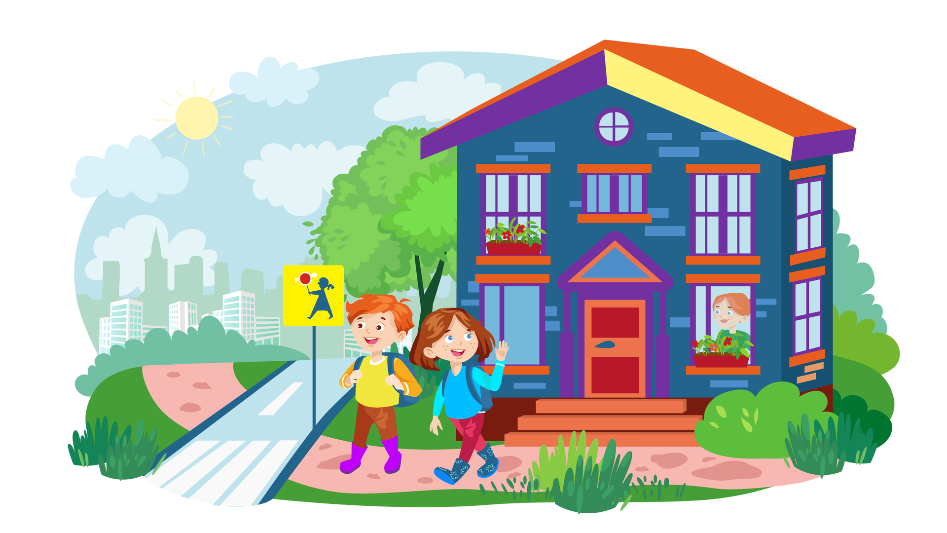 Ilustracja przedstawia krajobraz miejski. W tle widać zarys wysokich budynków miejskich oraz błękitne niebo ze słońcem i jasnymi chmurami. Po lewej stronie znajduje się pas zieleni ze ścieżką. Obok jest ulica z przejściem dla pieszych. Po prawej stronie ilustracji stoi dom Franka i Mai. Jest to granatowy budynek z fioletowymi oknami, pomarańczowym dachem i czerwono‑pomarańczowymi drzwiami, do których prowadzą schody. Na jednym z parapetów na piętrze stoi bordowa skrzynka z kwiatami. Druga, taka sama skrzynka stoi na parapecie znajdującym się na prawo od drzwi wejściowych. Przez okno spogląda mama Franka i Mai stojąca wewnątrz budynku. Przed domem jest ścieżka, po której idą Franek i Maja. Franek jest ubrany w żółtą bluzę z długimi pomarańczowymi rękawami, długie brązowe spodnie i wysokie fioletowe buty. Na plecach niesie granatowy plecak. Uśmiecha się i patrzy przed siebie. Maja jest ubrana w niebieską bluzę z długimi błękitnymi rękawami, długie ciemnoróżowe spodnie i wysokie granatowe buty. Również niesie na plecach granatowy plecak. Uśmiecha się i ogląda za siebie, w kierunku mamy widocznej w oknie domu. Macha do niej lewą ręką. Przy przejściu dla pieszych stoi znak przedstawiający czarną postać dziewczynki z dużym czerwonym lizakiem na kwadratowym żółtym tle. Ostrzega przed możliwością spotkania w tym miejscu na drodze dzieci.