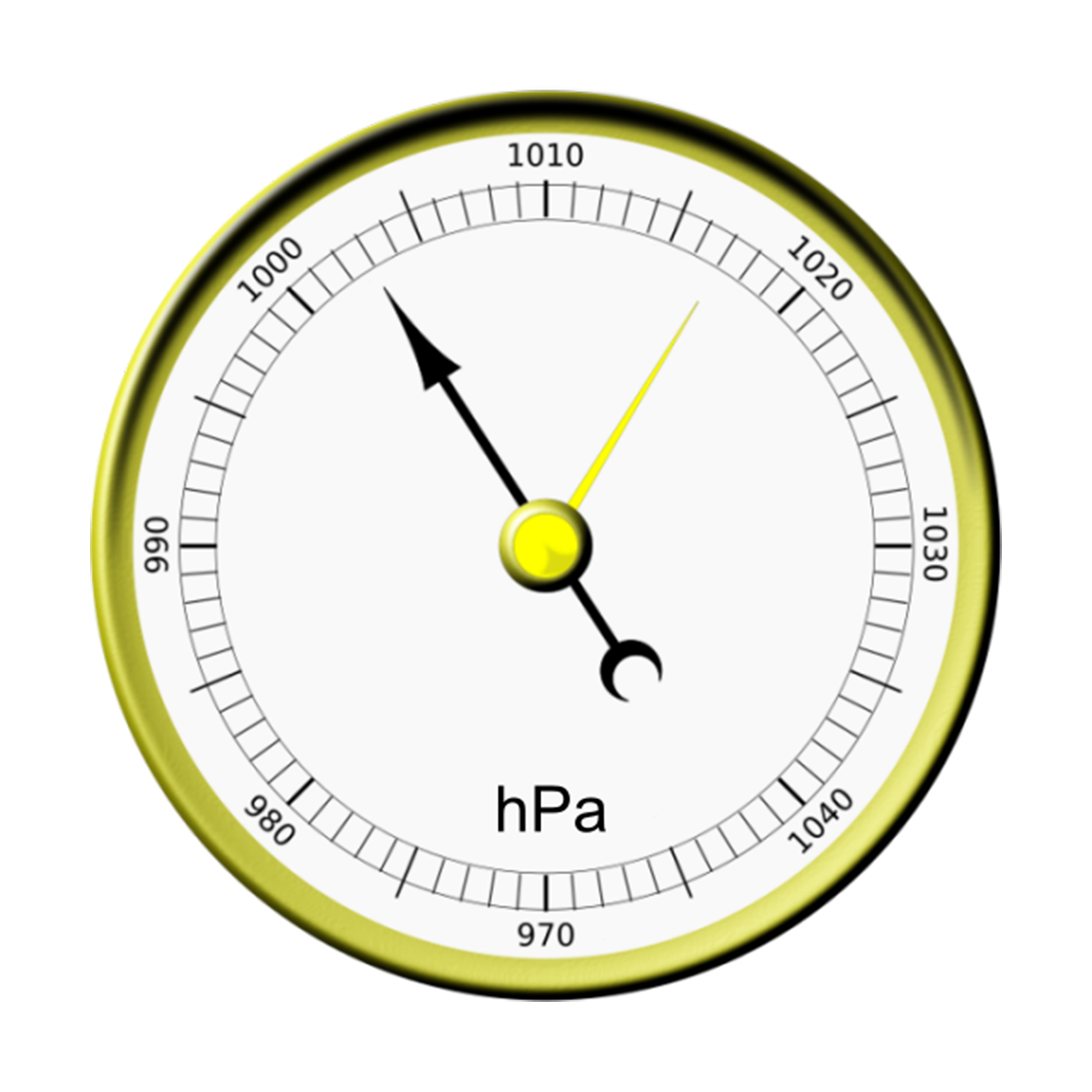 Grafika przedstawia barometr. Jest to przyrząd o okrągłej tarczy. Na tarczy widać podziałkę z wartościami podanymi w hektopaskalach. Wskazówka barometru ukazuje wartość ciśnienia powietrza.