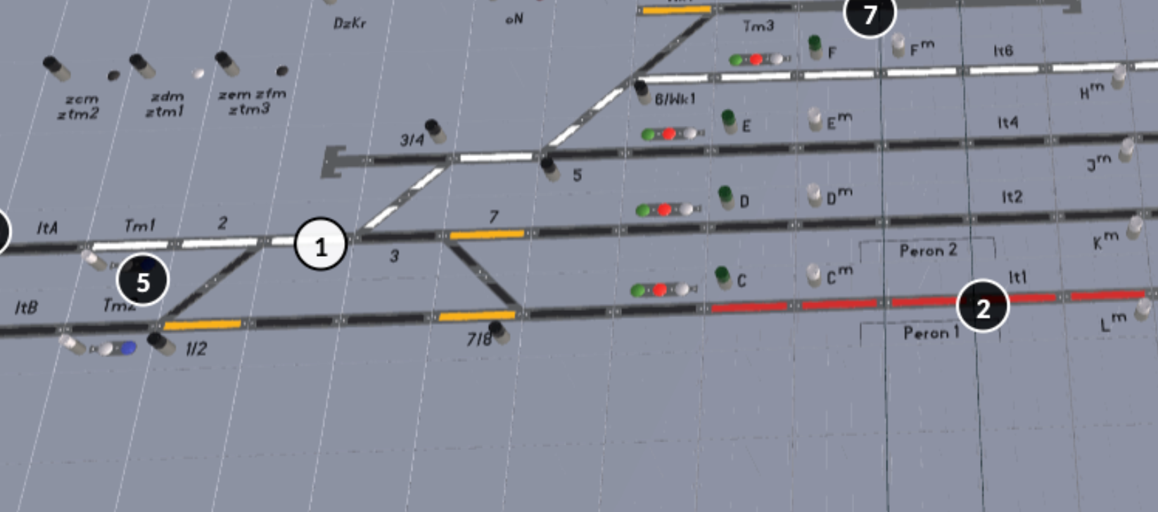 Grafika przedstawia fragment pulpitu nastawczego. Numerem jeden oznaczony został fragment toru składający się z naprzemiennych białych i szarych pasów.