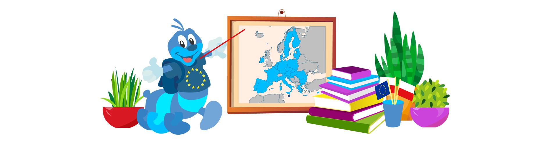 Ilustracja przedstawia mapę Europy w brązowej ramie. Zaznaczono na niej na niebiesko państwa należące do Unii Europejskiej. Po lewej stronie stoi Syriusz. Jest to maskotka Unii Europejskiej przypominająca niebieską stonogę. Nosi granatową koszulkę z gwiazdkami z flagi Unii Europejskiej, granatowy plecak i białe rękawiczki. Syriusz czerwonym wskaźnikiem pokazuje mapę. Za stonogą widać zieloną roślinę w półokrągłej czerwonej donicy. Po prawej stronie, obok mapy, jest sześć książek ułożonych jedna na drugiej. Pierwsza ma fioletową okładkę, druga niebieską, trzecia również fioletową, czwarta żółtą, piąta ciemnofioletową, a szósta zieloną. Obok ustawiono niebieski kubek, w którym znajdują się dwie flagi Polski i jedna flaga Unii Europejskiej. Dalej na prawo są dwie zielone rośliny – jedna w pomarańczowej, a druga w fioletowej donicy.
