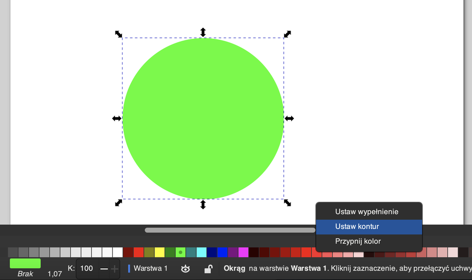 Ilustracja przedstawia fragment okna programu Inkscape. Na powierzchni roboczej znajduje się zielone koło. Koło wpisane jest w kwadrat, na którego bokach oraz na jego wierzchołkach znajdują się strzałki umożliwiające zmianę rozmiaru koła. Na dole ekranu znajduje się paleta kolorów, ustawiony kolor to kolor zielony. Obok koła otwarte jest okno z następującymi funkcjami: ustaw wypełnienie, ustaw kontur, przypnij kolor.