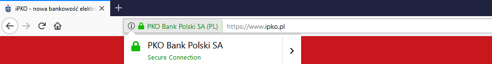 Zrzut ekranu przedstawia fragment  paska przeglądarki w połączeniem zabezpieczonym, czyli szyfrowanym (zielona kłódka przy adresie internetowym). W przykładzie strona banku PKO BP.