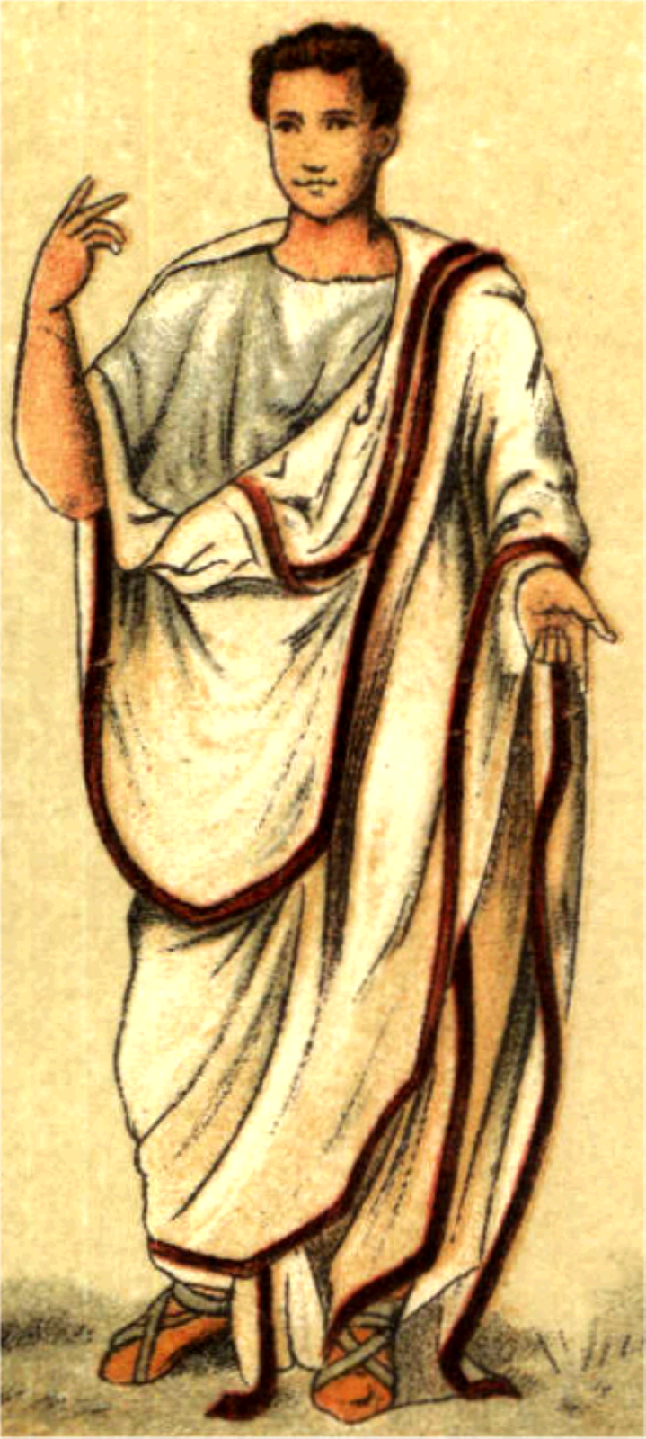 Ilustracja przedstawia młodego mężczyznę o krótkich, ciemnych, kręconych włosach oraz delikatnych rysach twarzy. Jest lekko uśmiechnięty. Prawą dłoń unosi do góry, a lewą kieruje w dół, z wyciągniętym palcem wskazującym. Ma na sobie obszerną, długą, jasną szatę z bordowymi krawędziami. Na jego stopach obecne są szare rzemienie sandałów. Tło stanowi jasna ściana w ciepłym odcieniu. 