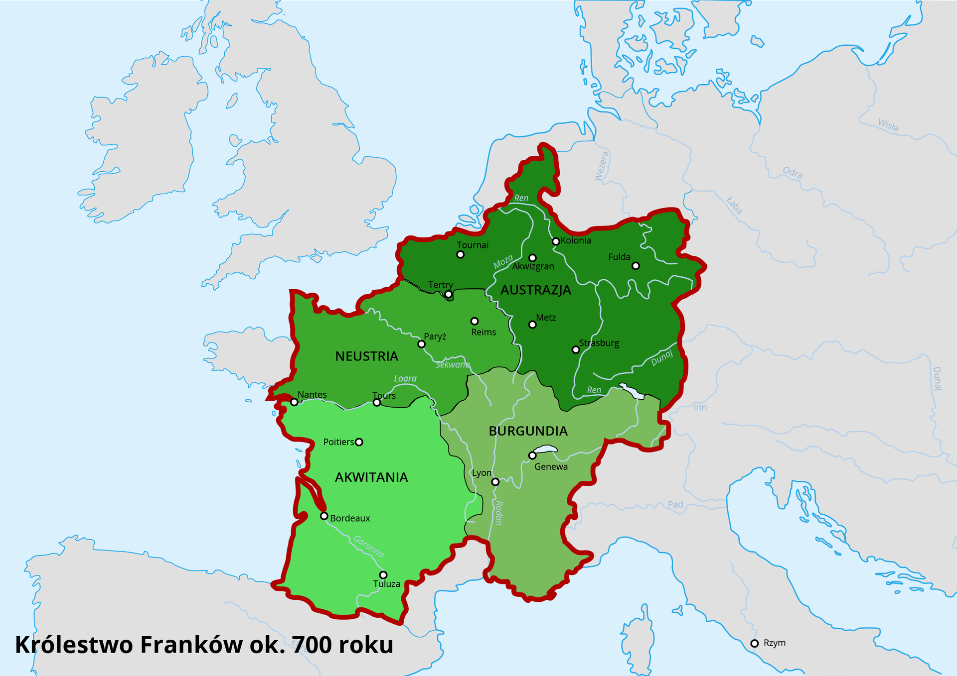Grafika przedstawia mapę królestwa Franków. Królestwo tworzą: Akwitania, Neustria, Burgundia, Austrazja.