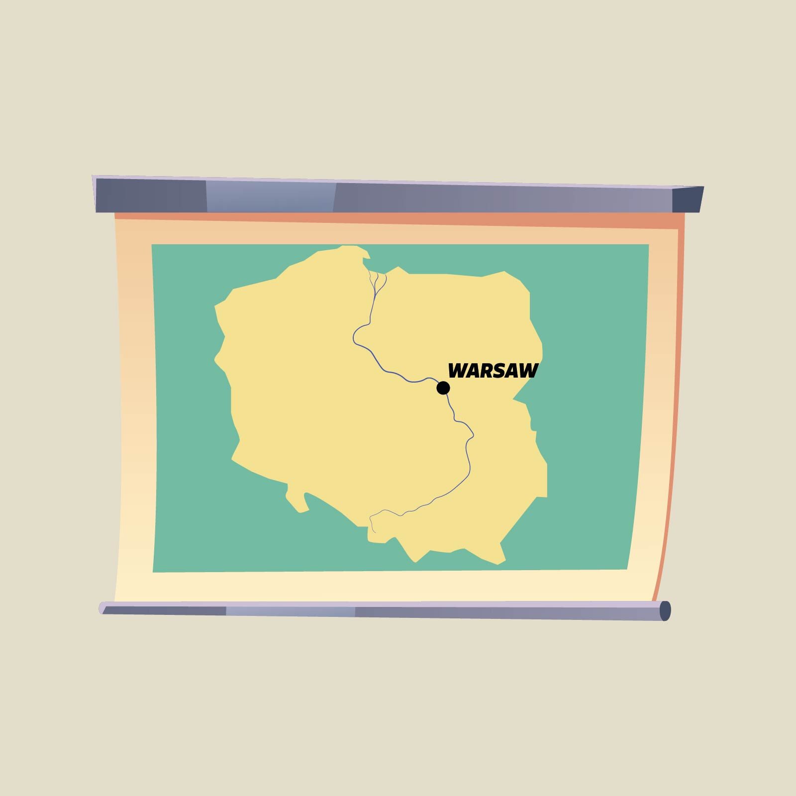 Ilustracja przedstawia rozwiniętą mapę Polski zawieszoną na ścianie. Na mapie zaznaczona jest Wisła oraz stolica Polski podpisana po angielsku Warsaw.