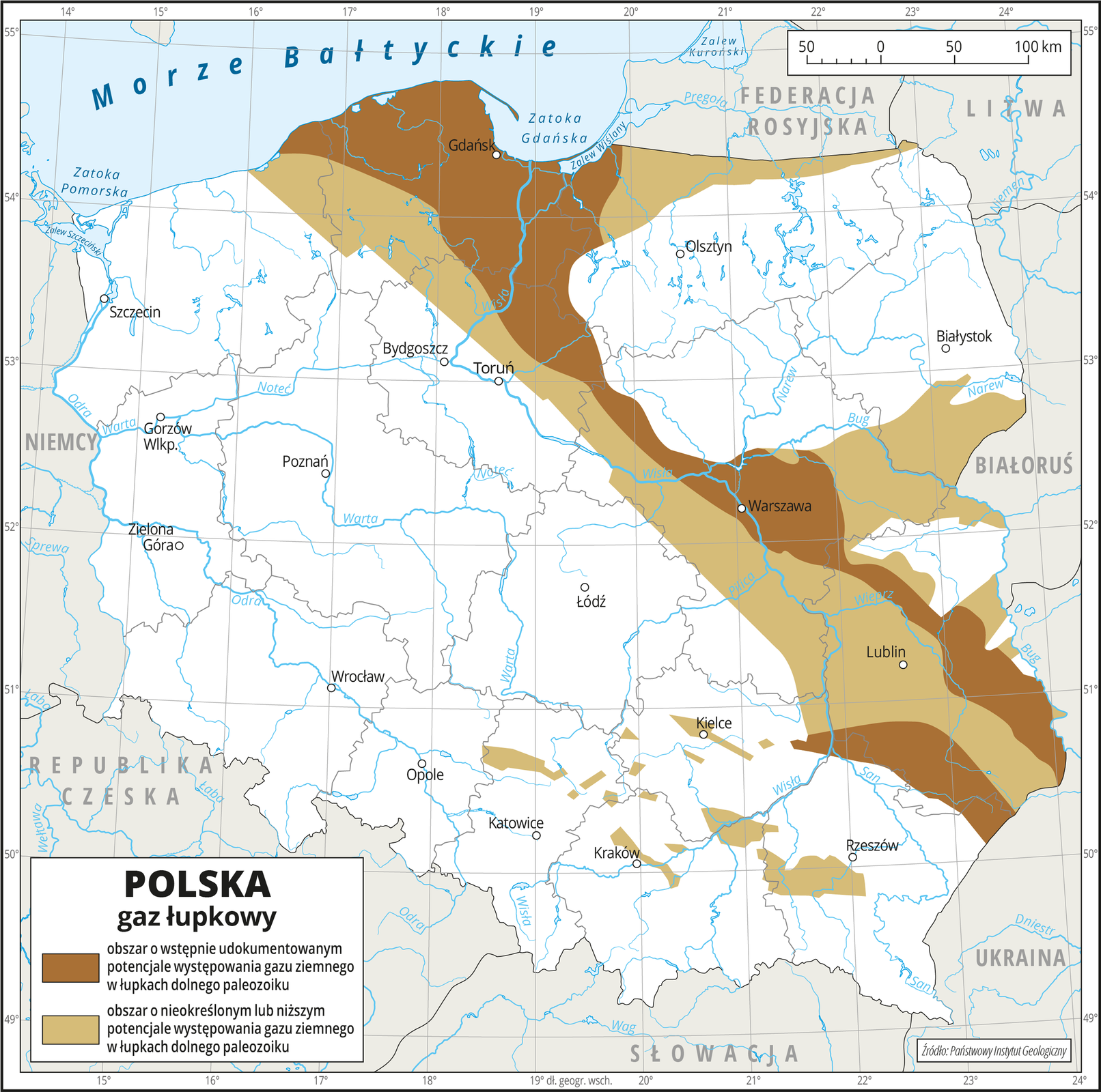 Ilustracja przedstawia mapę Polski. Na mapie przedstawiono występowanie gazu łupkowego. Kolorem ciemnobrązowym przedstawiono obszar o wstępnie udokumentowanym potencjale występowania gazu ziemnego, a obszarem jasnobrązowym – obszar o nieokreślonym lub niższym potencjale występowania gazu ziemnego. Oba obszary występowania gazu łupkowego biegną z północy na południowy wschód i obejmują województwo pomorskie, północną część województwa warmińsko-mazurskiego, północno-zachodnią część województwa kujawsko-pomorskiego, centralną część województwa mazowieckiego i województwo lubelskie przy czym kolor ciemnobrązowy ma znacznie węższy zasięg niż kolor jasnobrązowy. Na mapie przedstawiono granice województw, przedstawiono i opisano hydrografię oraz miasta wojewódzkie. Dookoła mapy w białej ramce opisano współrzędne geograficzne co jeden stopień. Na dole mapy w legendzie opisano kolory użyte na mapie.