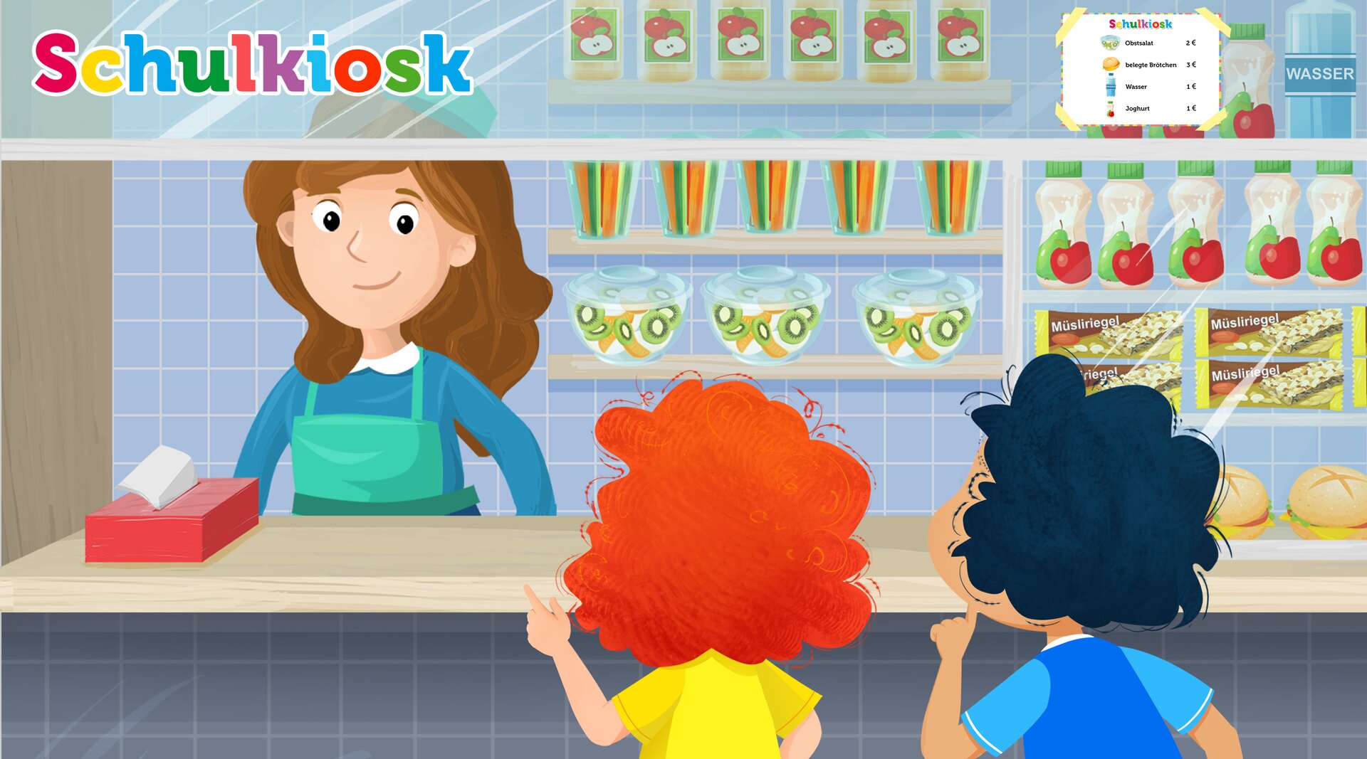 Na ilustracji znajdują się dzieci robiące zakupy w kiosku.