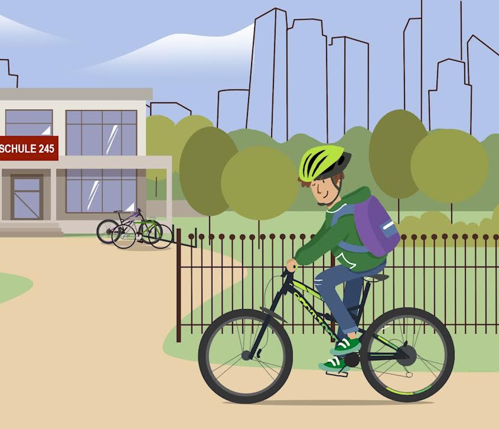 Grafika przedstawia chłopca jadącego do szkoły na rowerze. Na ramionach ma plecak a na głowie kask. Nagranie dźwiękowe dostępne poniżej.
