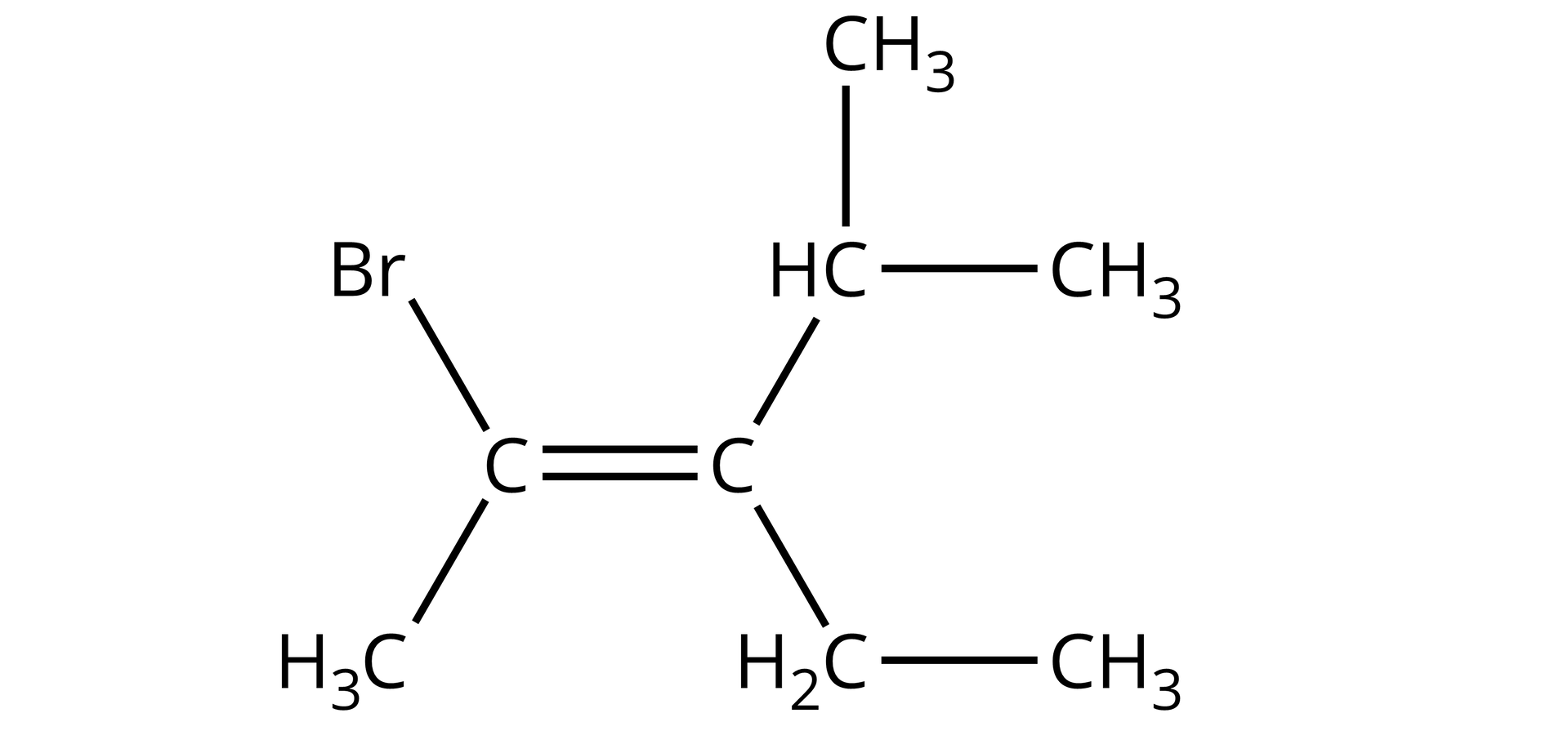 Ilustracja przedstawiająca wzór półstrukturalny cząsteczki (<math aria‑label="dwa zet">2Z)-2‑bromo‑3-etylo‑4-metylopent‑2-enu. Związek ten zbudowany jest z dwóch atomów węgla połączonych za pomocą wiązania podwójnego. Pierwszy atom węgla podstawiony jest atomem bromu Br oraz grupą metylową CH3. Drugi atom węgla znajdujący się przy wiązaniu podwójnym łączy się z grupą etylową CH2CH3 oraz grupą CH, która to podstawiona jest dwiema grupami metylowymi CH3. Grupa metylową i grupa etylowa znajdują się po tej samej stronie wiązania podwójnego.