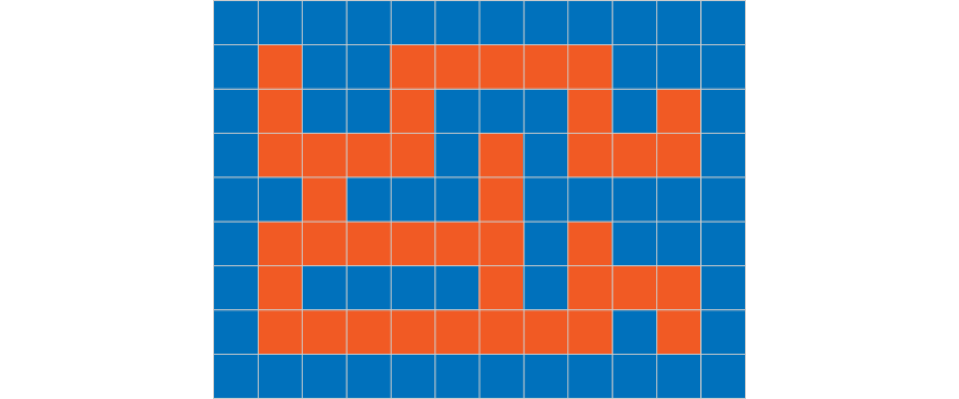 Na ilustracji pokazane jest przykładowa plansza do gry. Przedstawia ona pomarańczowy labirynt na niebieskim tle. Plansza podzielona jest na 108 takich samych kwadratów, ustawionych w dziewięciu wierszach i dwunastu kolumnach. W drugim wierszu kwadraty pomarańczowe, od lewej: 2, 5, 6, 7, 8, 9. W trzecim wierszu kwadraty pomarańczowe, od lewej: 2, 5, 9, 11. W czwartym wierszu kwadraty pomarańczowe, od lewej: 2, 3, 4, 5, 7, 9, 10, 11. W piątym wierszu kwadraty pomarańczowe, od lewej: 3, 7. W szóstym wierszu kwadraty pomarańczowe, od lewej: 2, 3, 4, 5, 6, 7, 9. W siódmym wierszu kwadraty pomarańczowe, od lewej: 2, 7, 9, 10, 11. W ósmym wierszu kwadraty pomarańczowe, od lewej: 2, 3, 4, 5, 6, 7, 8, 9, 11. Pozostałe kwadraty są niebieskie.