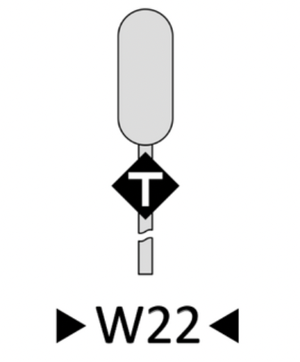 Wskaźnik wu dwadzieścia dwa. Czarna tablica w kształcie rombu, znajduje się na niej biała litera T.