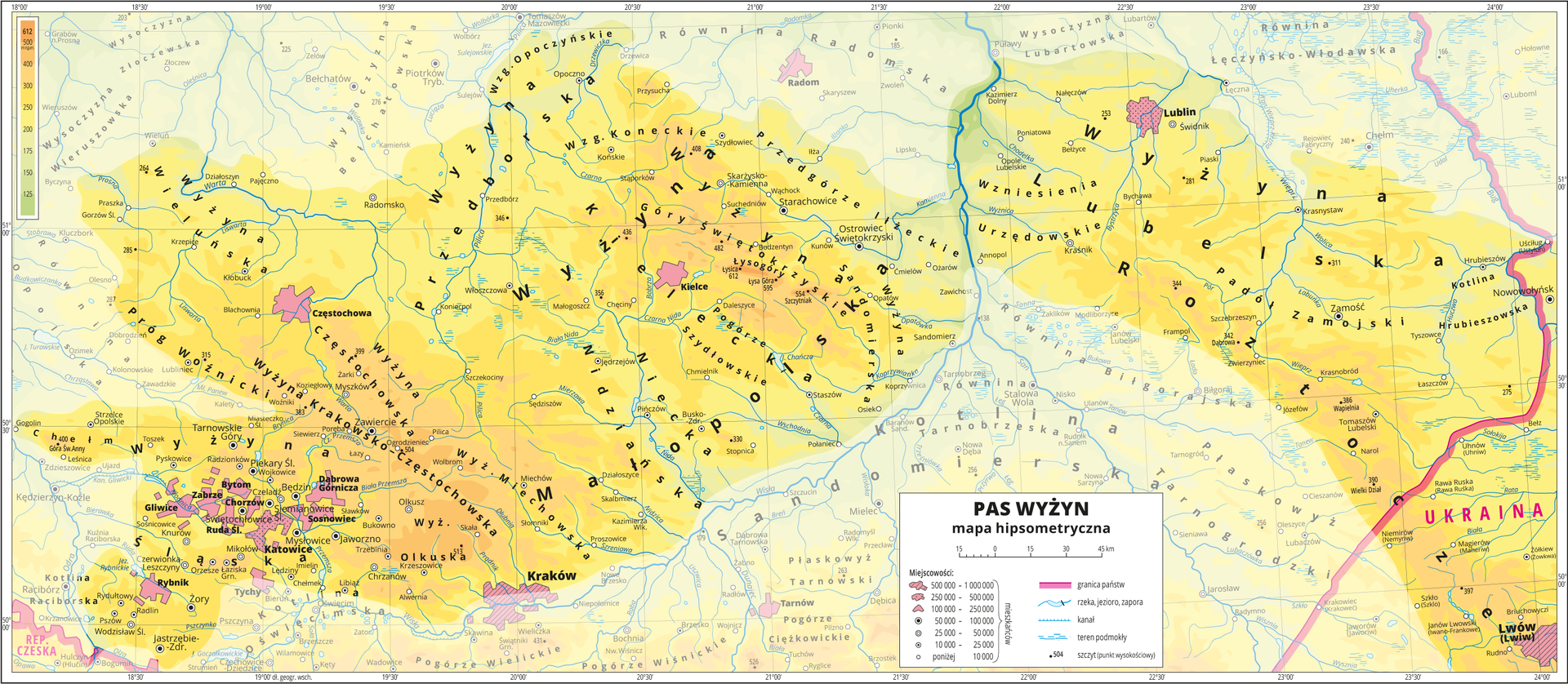 Ilustracja przedstawia fragment mapy hipsometrycznej Polski obejmujący pas wyżyn. W obrębie mapy treść niedotyczącą pasa wyżyn została zamglona. Na mapie dominuje kolor żółty oznaczający wyżyny. Oznaczono i opisano miasta, rzeki, jeziora i szczyty. Opisano wyżyny i inne krainy geograficzne oraz państwa sąsiadujące z Polską. Czerwoną wstążko zaznaczono granice państw. Dookoła mapy w białej ramce opisano współrzędne geograficzne co trzydzieści minut. W legendzie opisano znaki użyte na mapie.