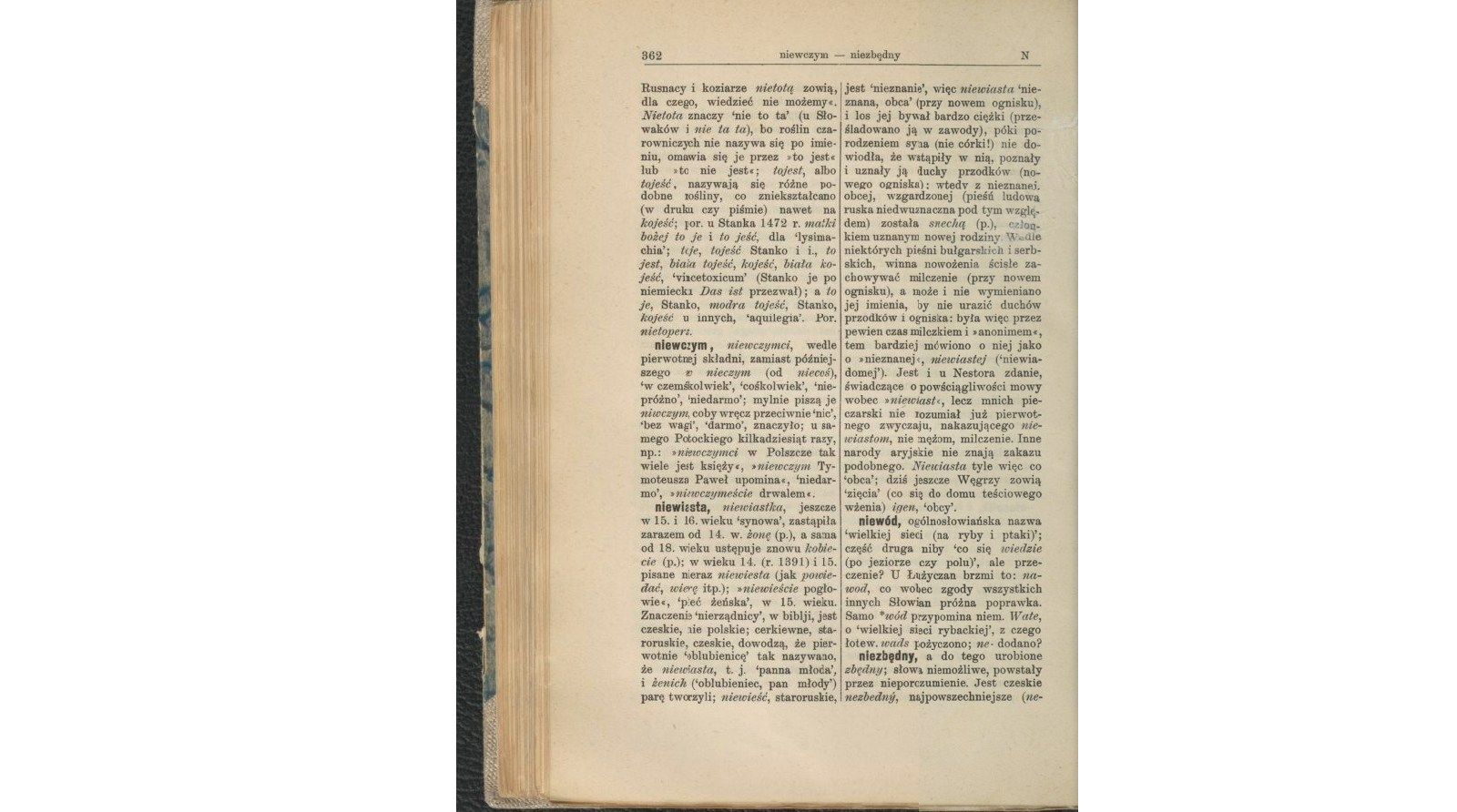 <span lang="de">Aleksander Brückner</span>, Słownik etymologiczny języka polskiego Skan strony słownika. Strona 362. Znajdują się na niej hasła na literę n, m.in. Niewiasta. Treść hasła: niewiasta, niewiastka, jeszcze w 15. i 16. wieku ‘synowa’, zastąpiła zarazem od 14. w. żonę (p.), a sama od 18. wieku ustępuje znowu kobiecie (p.); w wieku 14. (r. 1391) i 15. pisane nieraz niewiesta (jak powiedać, wierę itp.); »niewieście pogłowie«, ‘płeć żeńska’, w 15. wieku. Znaczenie ‘nierządnicy’, w biblji, jest czeskie, nie polskie; cerkiewne, staroruskie, czeskie, dowodzą, że pierwotnie ‘oblubienicę’ tak nazywano, że niewiasta, t. j. ‘panna młoda’, i żenich (‘oblubieniec, pan młody’) parę tworzyli; niewieść, staroruskie, jest ‘nieznanie’, więc niewiasta ‘nieznana, obca’ (przy nowem ognisku), i los jej bywał bardzo ciężki (prześladowano ją w zawody), póki porodzeniem syna (nie córki!) nie dowiodła, że wstąpiły w nią, poznały i uznały ją duchy przodków (nowego ogniska); wtedy z nieznanej, obcej, wzgardzonej (pieśń ludowa ruska niedwuznaczna pod tym względem) została snechą (p.), członkiem uznanym nowej rodziny. Wedle niektórych pieśni bułgarskich i serbskich, winna nowożenia ścisłe zachowywać milczenie (przy nowem ognisku), a może i nie wymieniano jej imienia, by nie urazić duchów przodków i ogniska: była więc przez pewien czas milczkiem i »anonimem«, tem bardziej mówiono o niej jako o »nieznanej«, niewiastej (‘niewiadomej’). Jest i u Nestora zdanie, świadczące o powściągliwości mowy wobec »niewiast«, lecz mnich pieczarski nie rozumiał już pierwotnego zwyczaju, nakazującego niewiastom, nie mężom, milczenie. Inne narody aryjskie nie znają zakazu podobnego. Niewiasta tyle więc co ‘obca’; dziś jeszcze Węgrzy zowią ‘zięcia’ (co się do domu teściowego wżenia) igen, ‘obcy’.