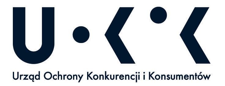 Grafika przedstawia logo Urzędu Ochrony Konkurencji i Konsumentów. Składa się ono z litery U, kropki po środku napisu, części litery K, kropki na górze napisu i ponownie części litery K. Pod logo widnieje pełna nazwa.