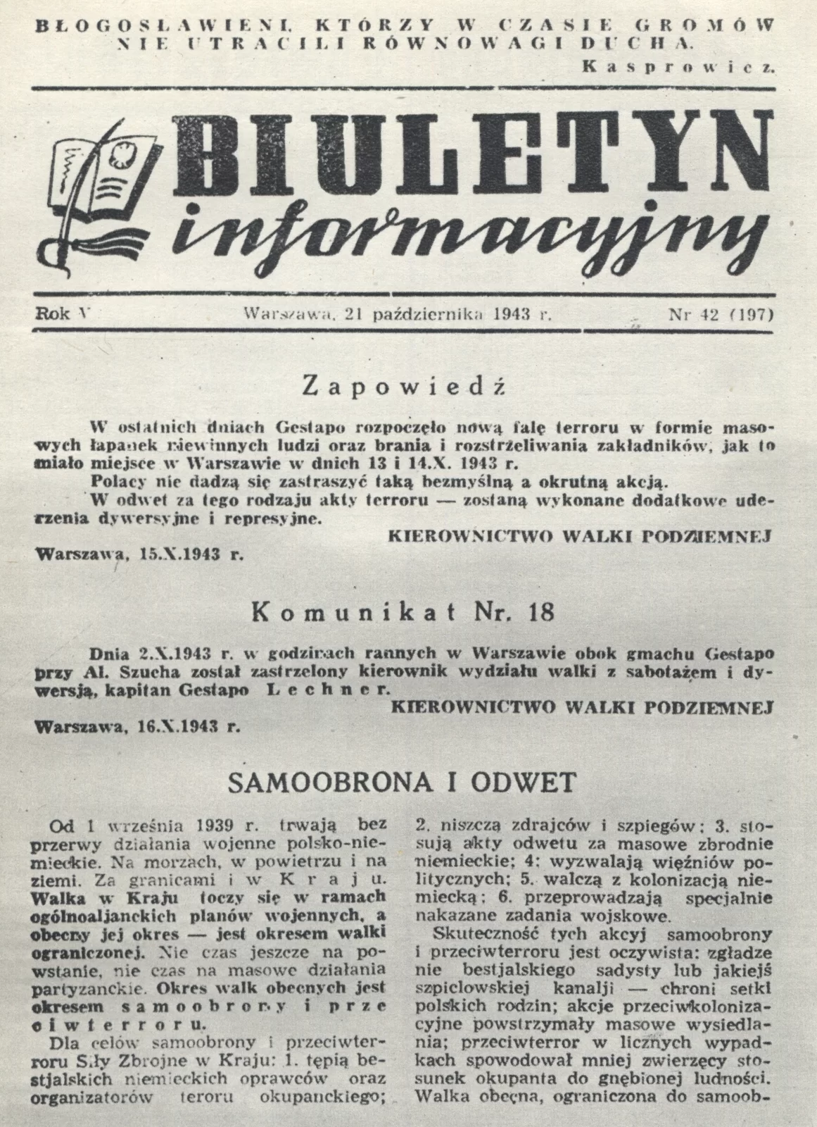 Na zdjęciu znajduje się pierwsza strona Biuletynu informacyjnego. Na górze strony jest tytuł. Poniżej tekst podzielony na kolumny.